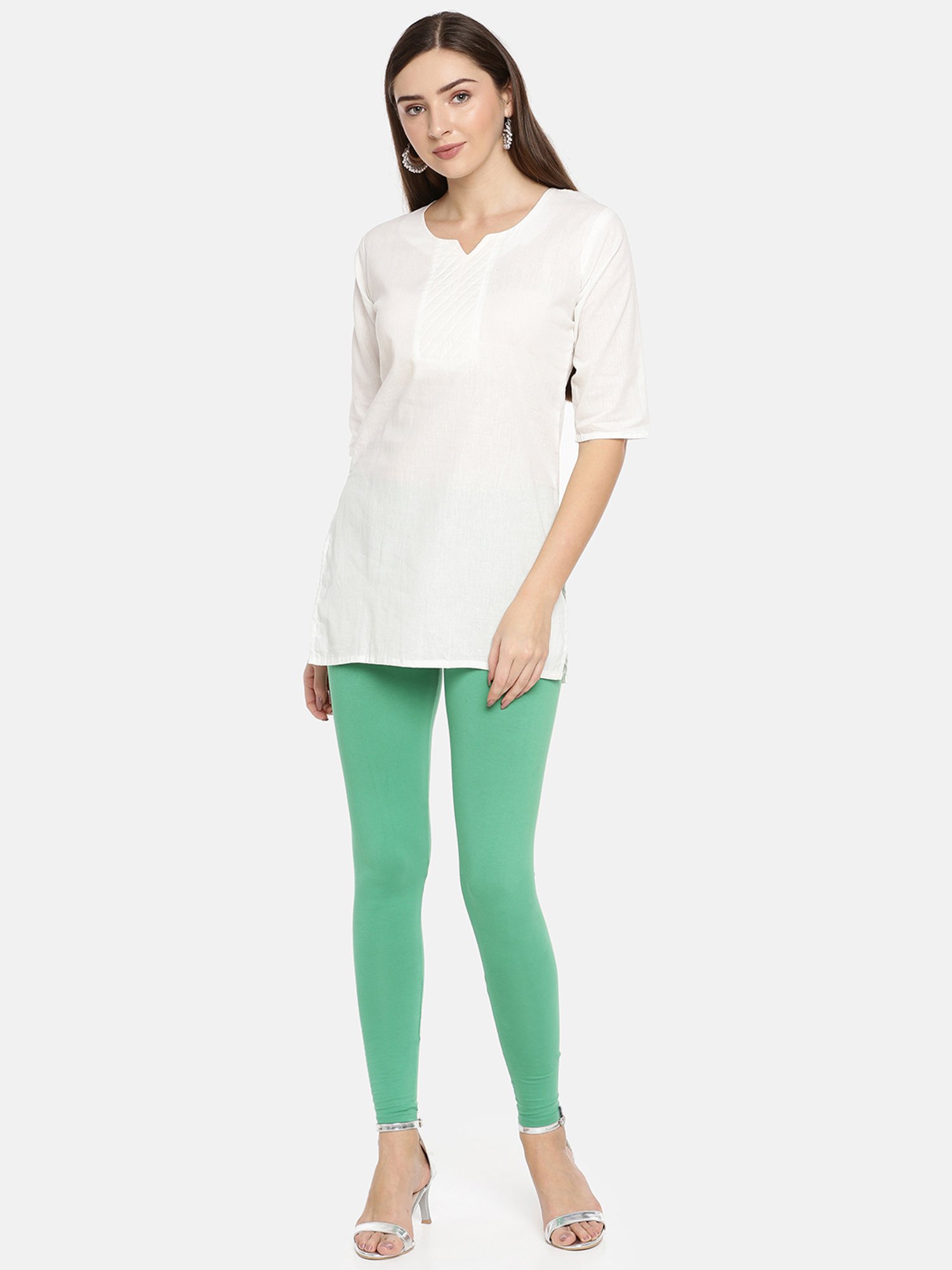 TWIN BIRDS Green Cotton Ankle Length Leggings