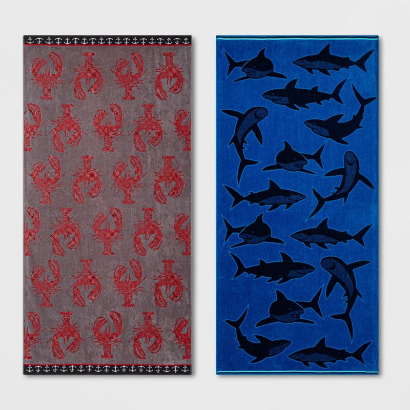 2pk XL Shark and Lobster Beach Towel Set Red/Blue - Sun Squad™