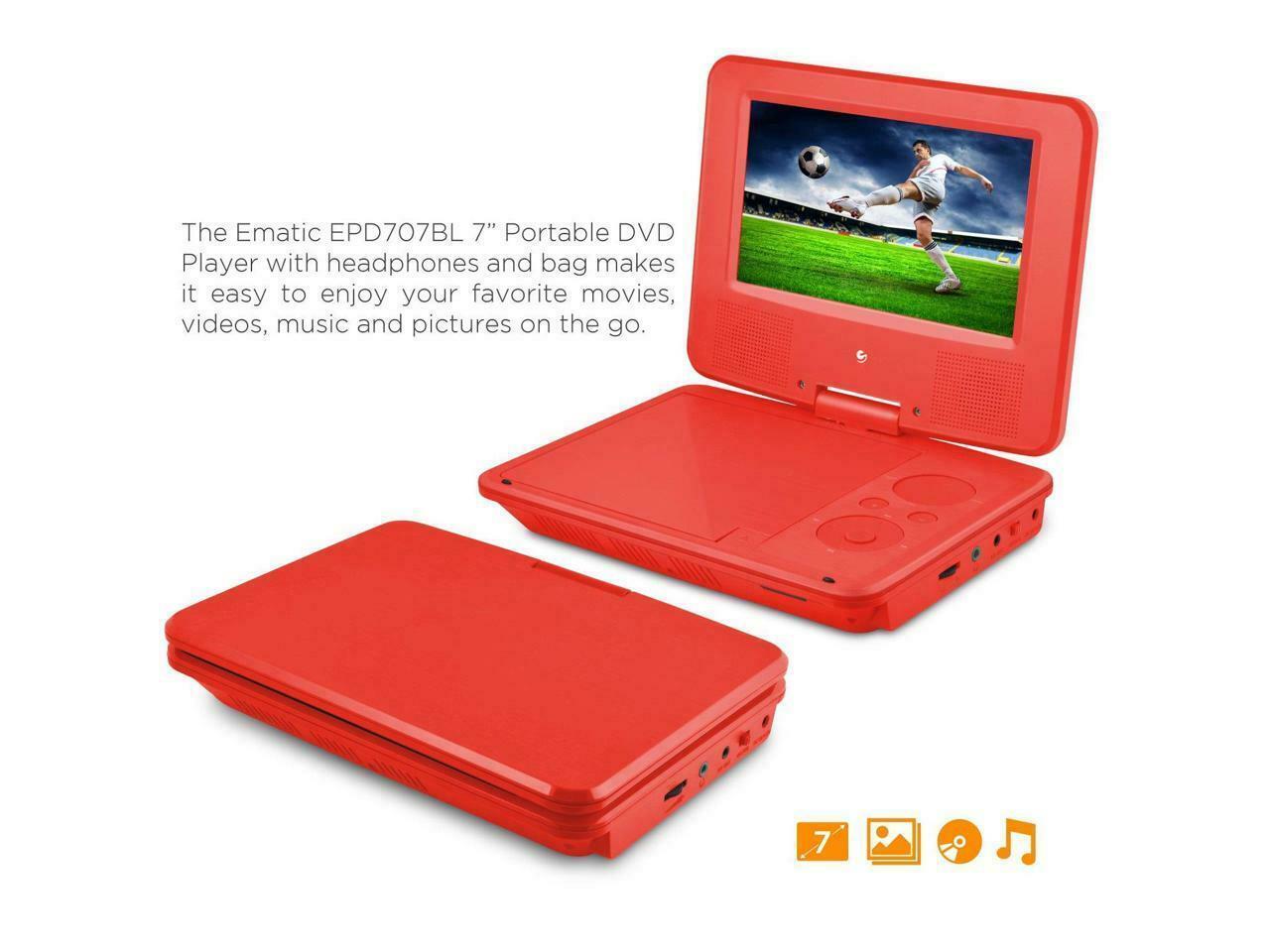 Ematic EPD707RD 7-Inch Portable DVD Player with Matching Headphones and Bag (Red)