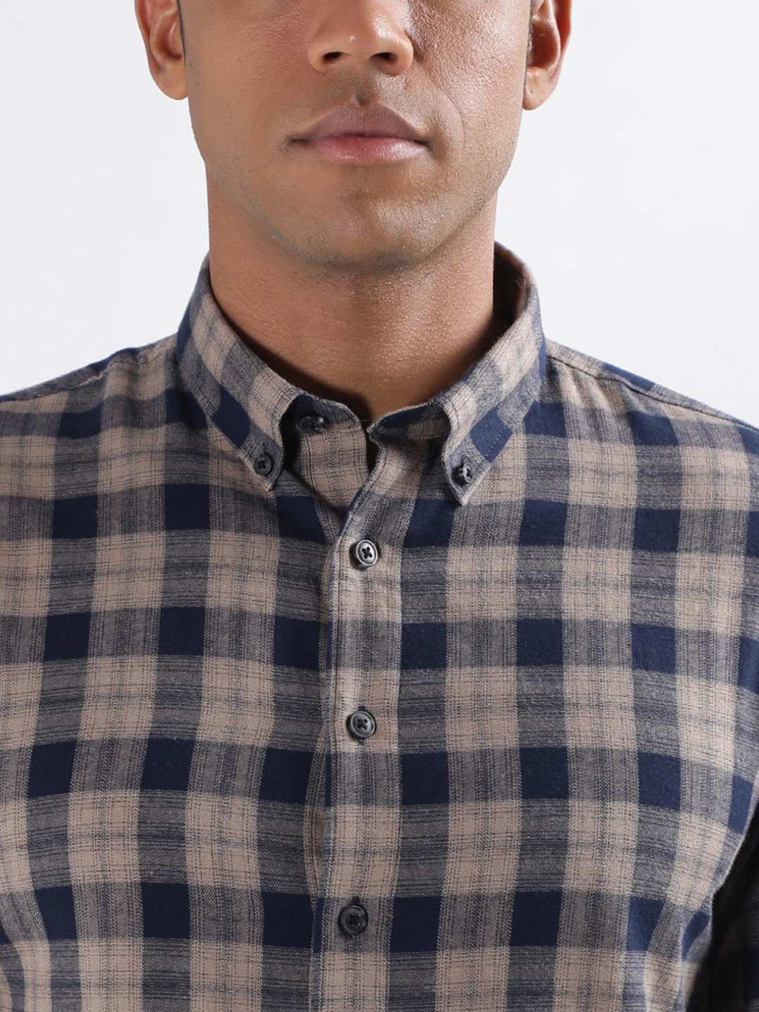 Lindbergh Brown Cotton Slim Fit Checks Shirt