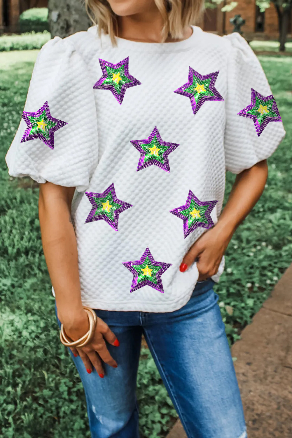 Green Christmas Candy Cane Patched Graphic Half Button Waffle Long Sleeve Top