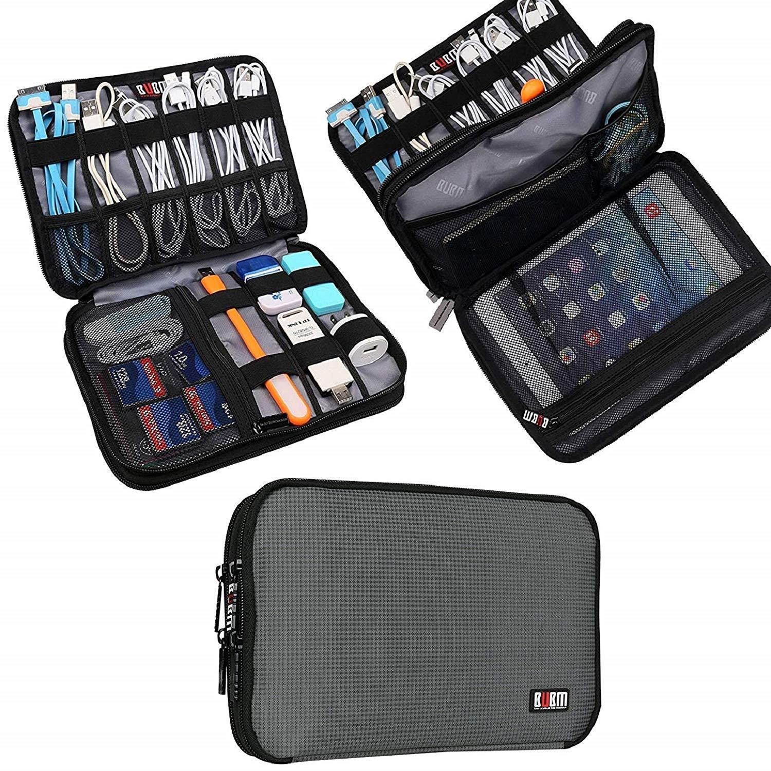 BUBM Double Layer Electronic Accessories Organizer, Travel Gear Bag for Cables, USB Flash Drive, Plug and More, Perfect Size Fits for iPad Mini (Medium, Gray)