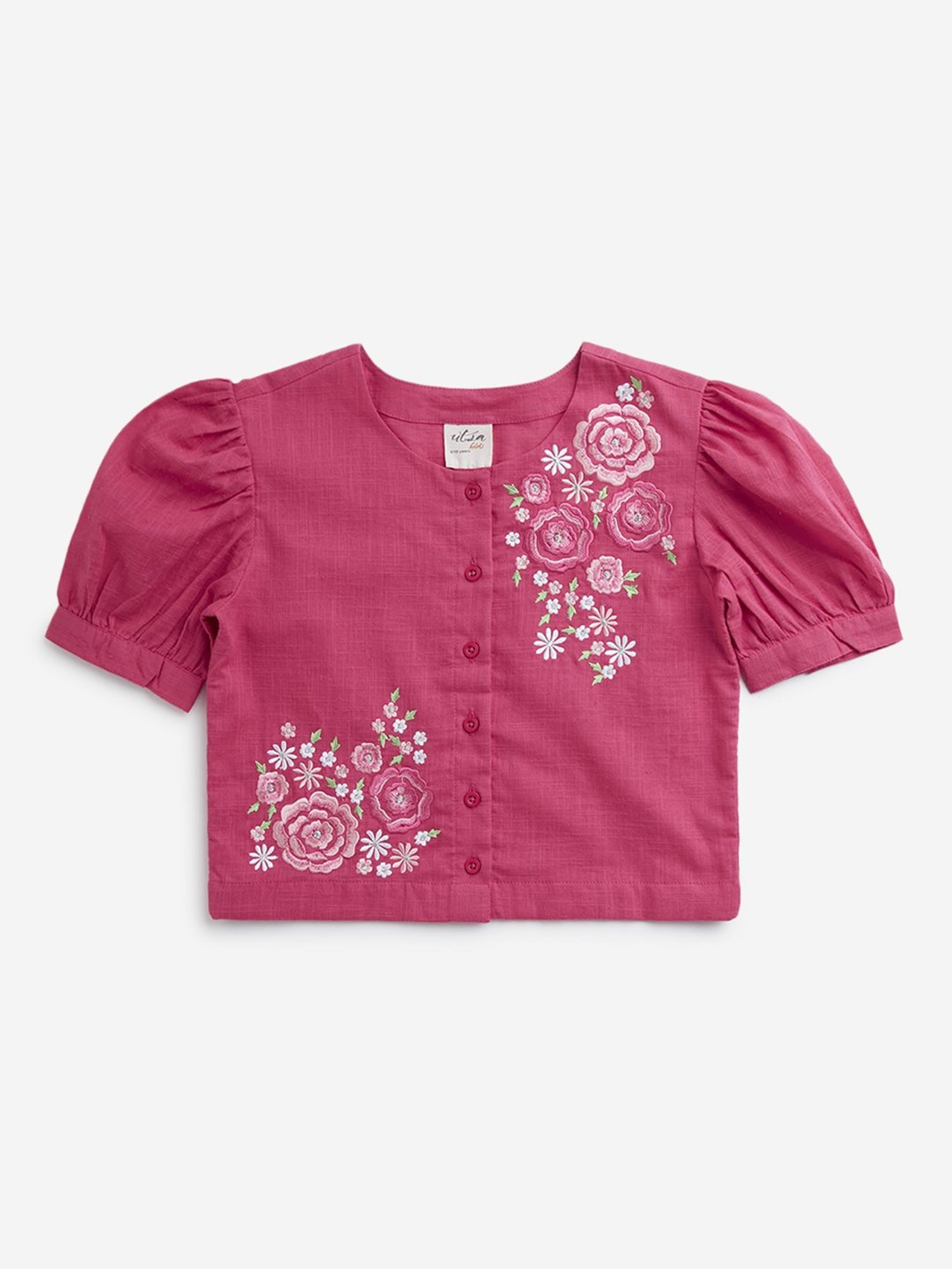 Utsa Kids by Westside Dark Pink Floral Embroidered Cotton Ethnic Top