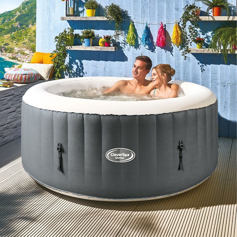 CleverSpa Shades 800 Liter 70 inch 4 Person Portable Inflatable Hot Tub Outdoor Spa with Insulated Tub Cover and Filtration Kit Included, Gray