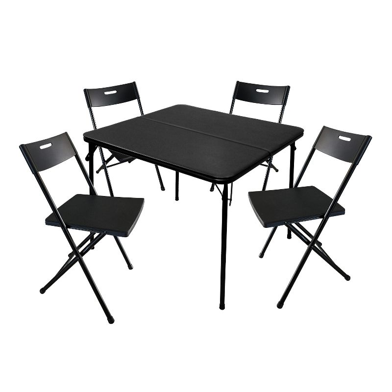 Plastic Development Group 8119IM 5 Piece 34 Inch Square Folding Card Table and 4 Metal Folding Chairs Furniture Set, Black