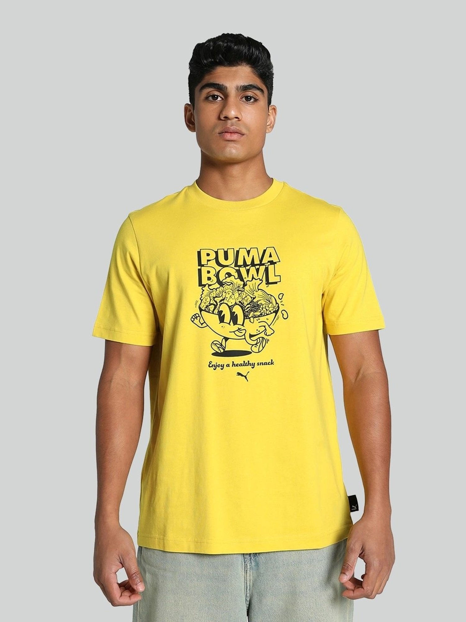 Puma Yellow Cotton Regular Fit Printed T-Shirt