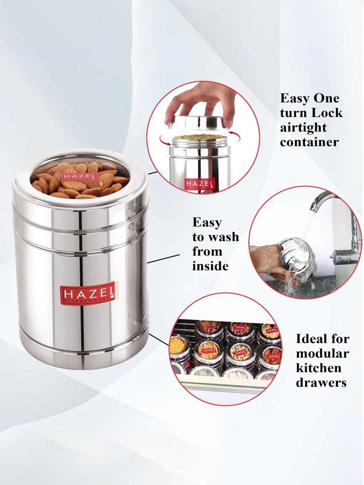 HAZEL Silver Stainless Steel Container with Transparent Lid - Set of 6 (1.4L)