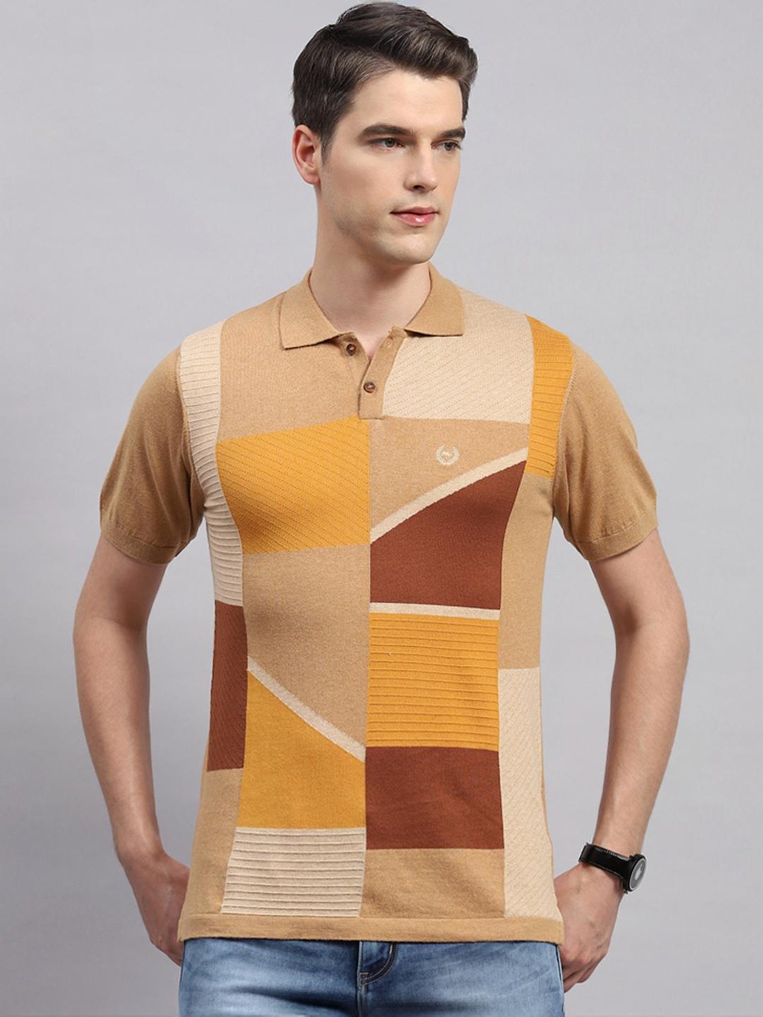 Monte Carlo Camel Cotton Regular Fit Printed Polo T-Shirt