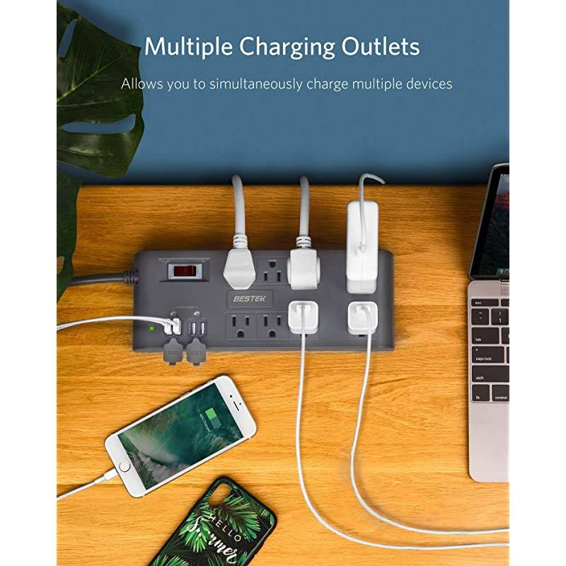 8Outlet Surge Protector Power Strip with 4 USB Charging Ports and 6Foot Heavy Duty Extension Cord 600 Joule ETL Listed