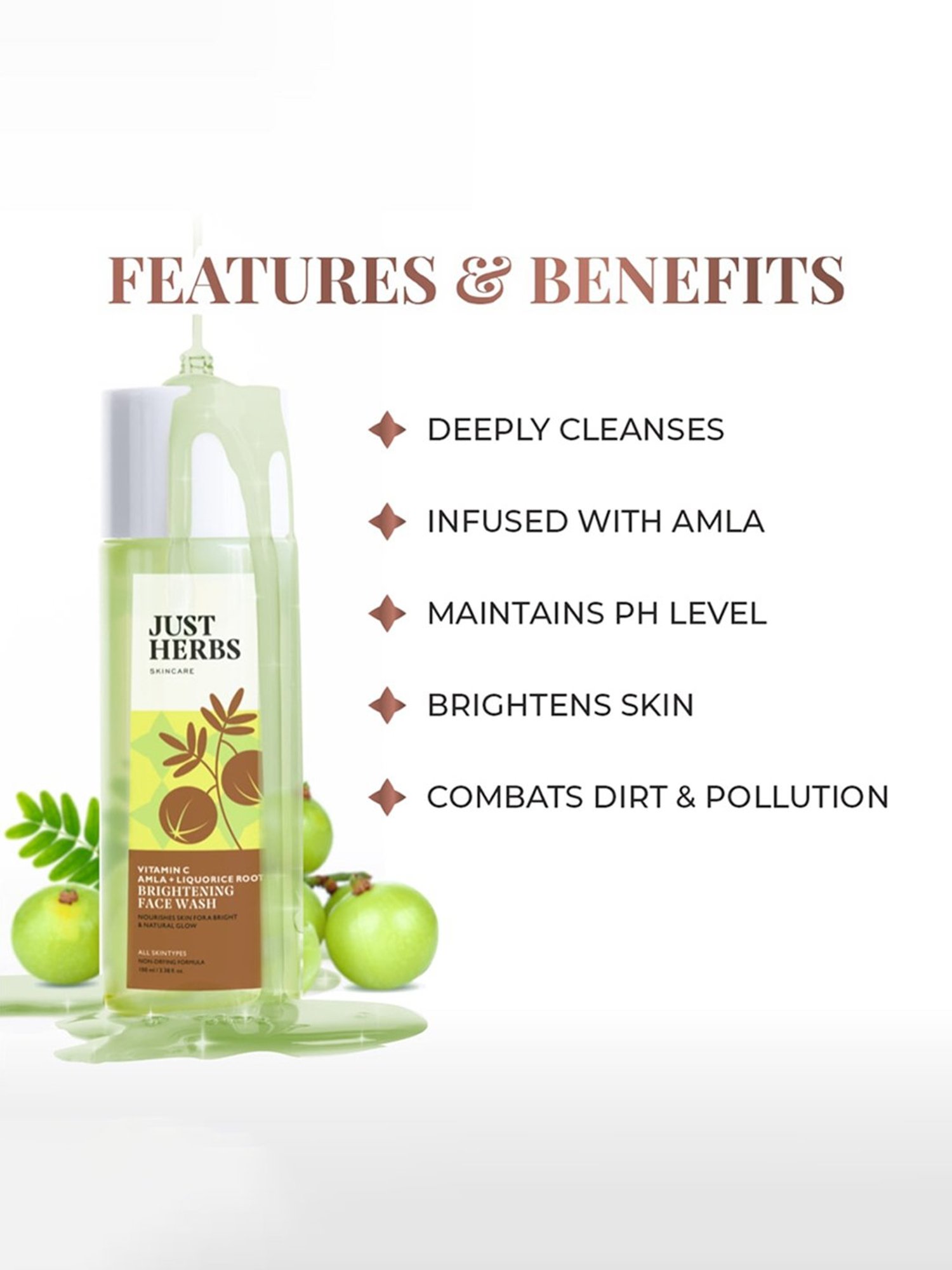 JUST HERBS Vitamin C Amla + Liquorice Root Brightening Face Wash - 100 ml