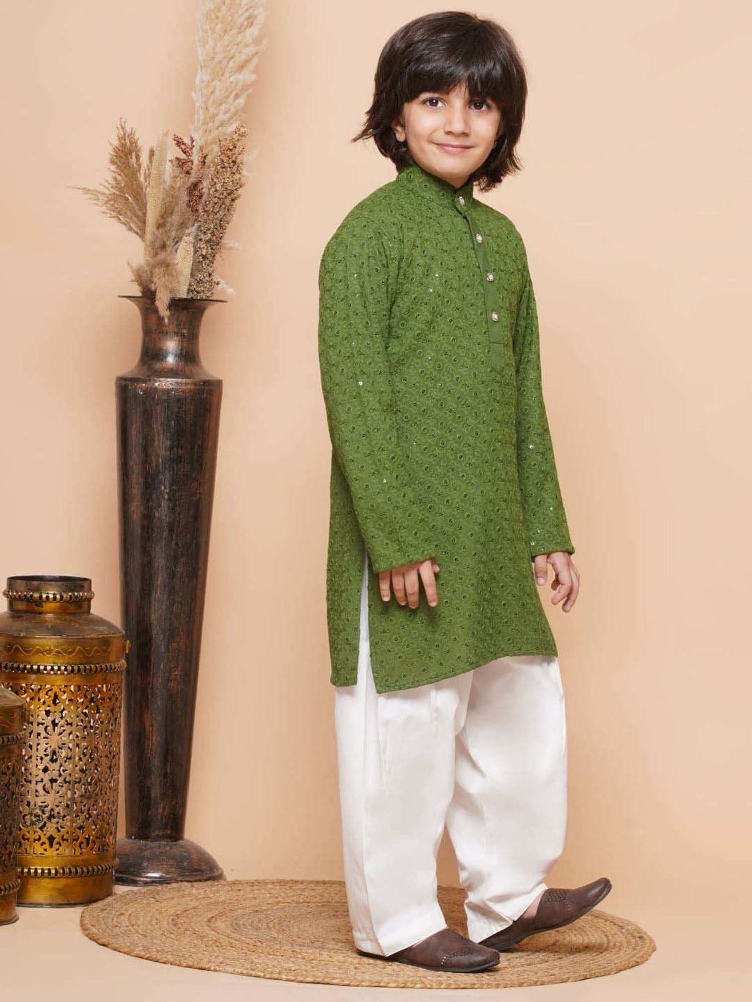 AJ Dezines Kids Green & White Cotton Embroidered Full Sleeves Kurta Set