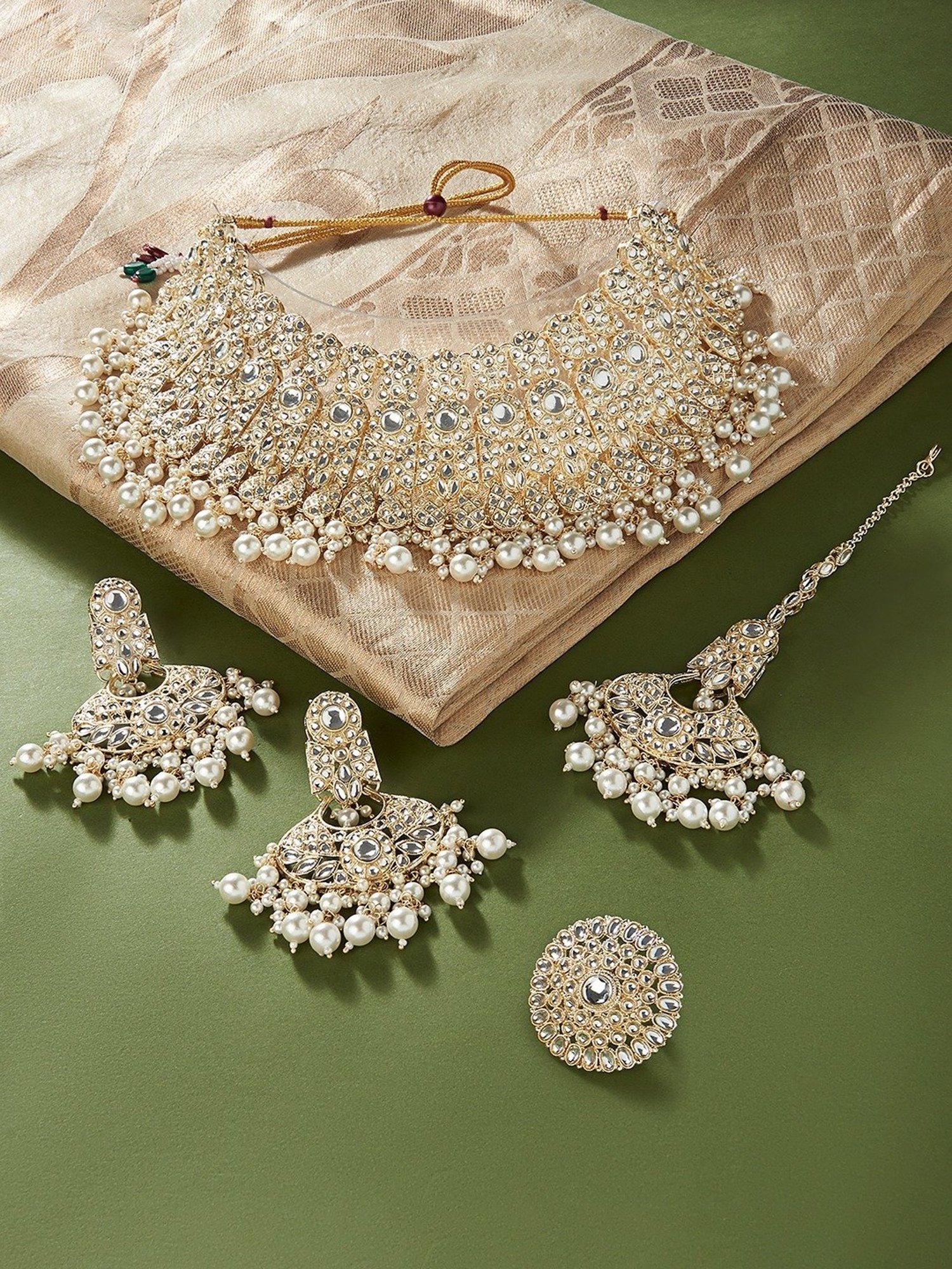 Zaveri Pearls Gold Tone Bridal Kundan Choker Necklace Earring Maangtikka & Ring Set-ZPFK13053