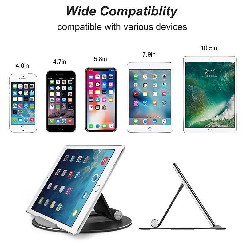 Tablet Stand Adjustable Desktop Aluminum iPad Stand with AntiSlip Base Portable Holder Dock for iPad Tablet Samsung Tab EReader and Cellphones Black