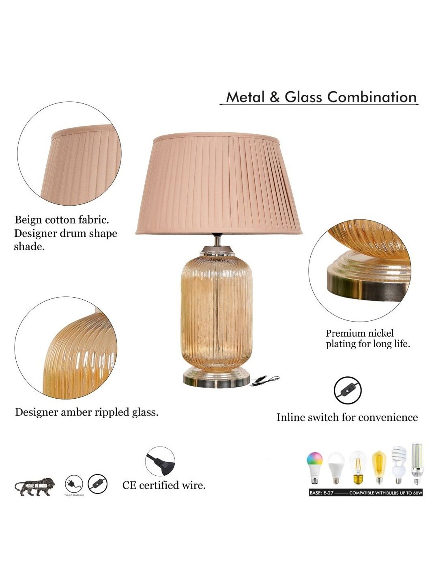 Kapoor Lamp Shades Amber & White Glass Maloto Luster Finish Shade Table Lamp