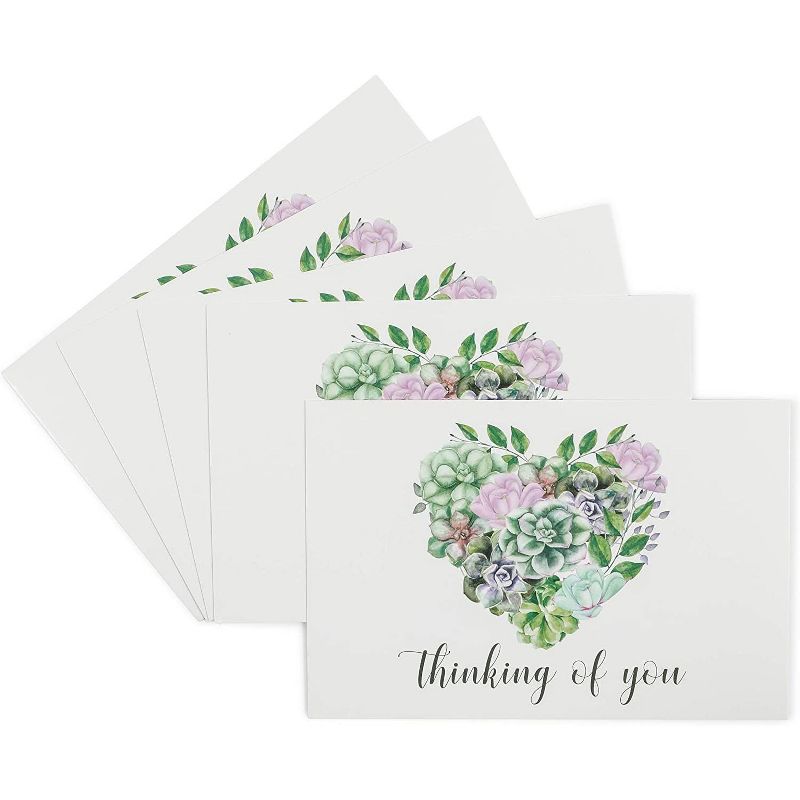 Pipilo Press 48-Pack Blank Thinking Of You Postcards, Heart and Succulents Design (6 x 4 In)