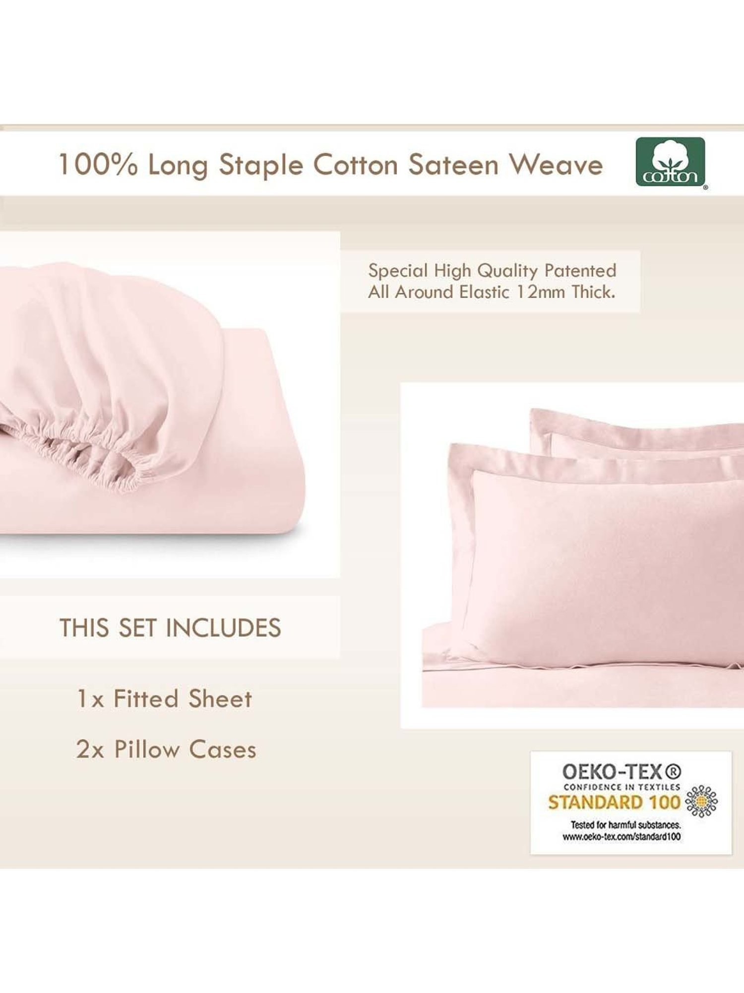 Pizuna Long Staple Pink Cotton 400 TC Single Bedsheet with 2 Pillow Covers
