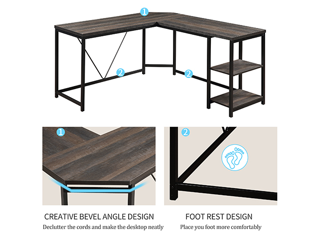 L-Shaped Computer Desk, Corner Desk, 59.1"L x 19.7"W x 30.7"H Writing Study Workstation with Shelves for Home Office, Gaming Table, Space-Saving, Easy to Assemble, Industrial, Brown,GT77
