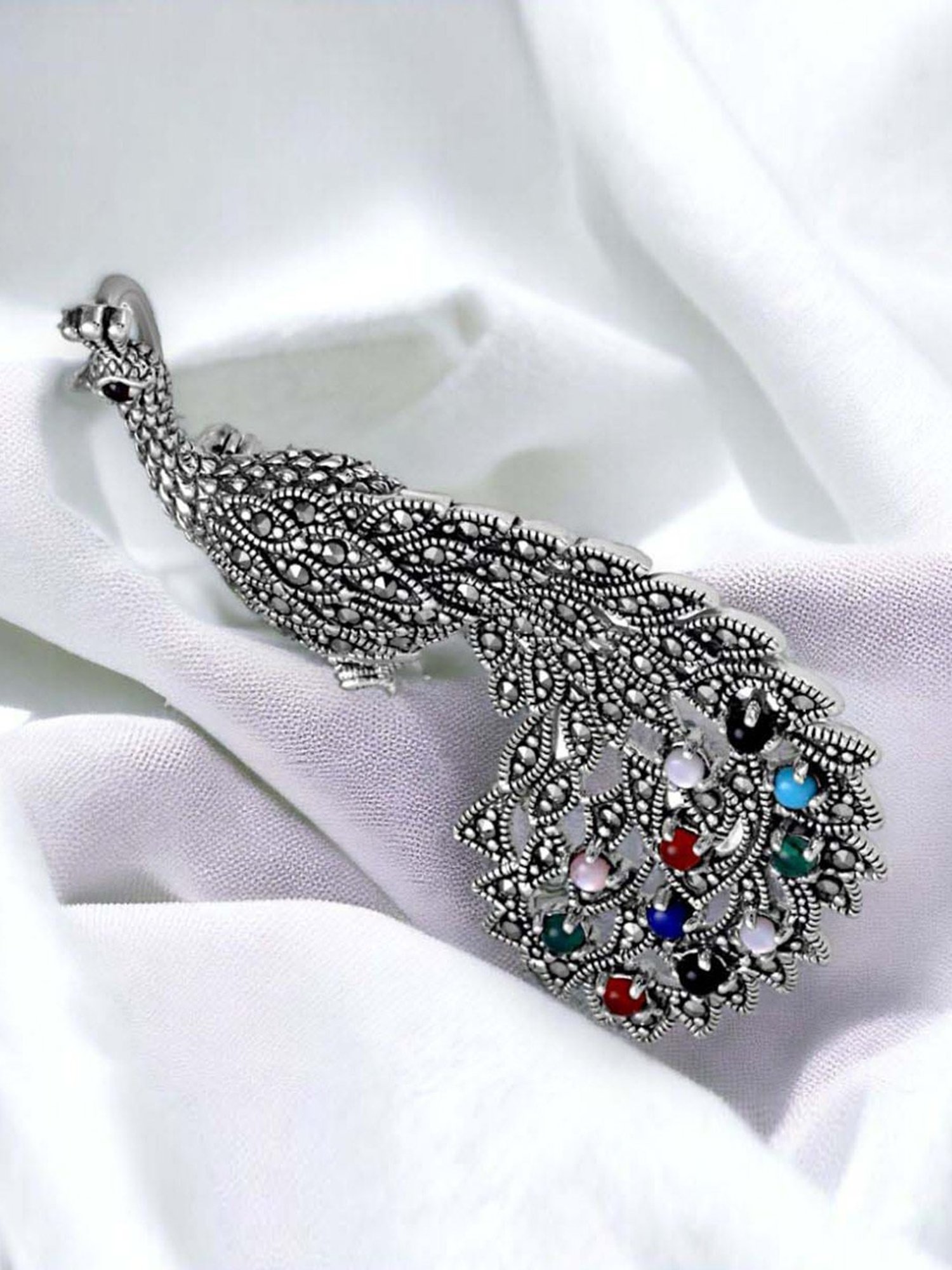 Rihi by P.C. Chandra Jewellers 925 Silver Multicolor Peacock Brooch Cum Pendant for Unisex