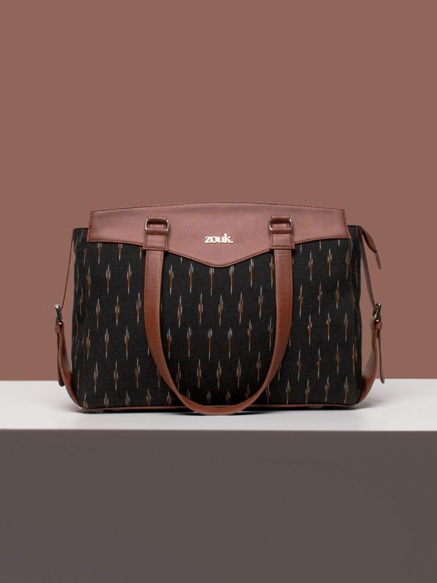 Zouk Ikat Black Jute Printed Tote Handbag