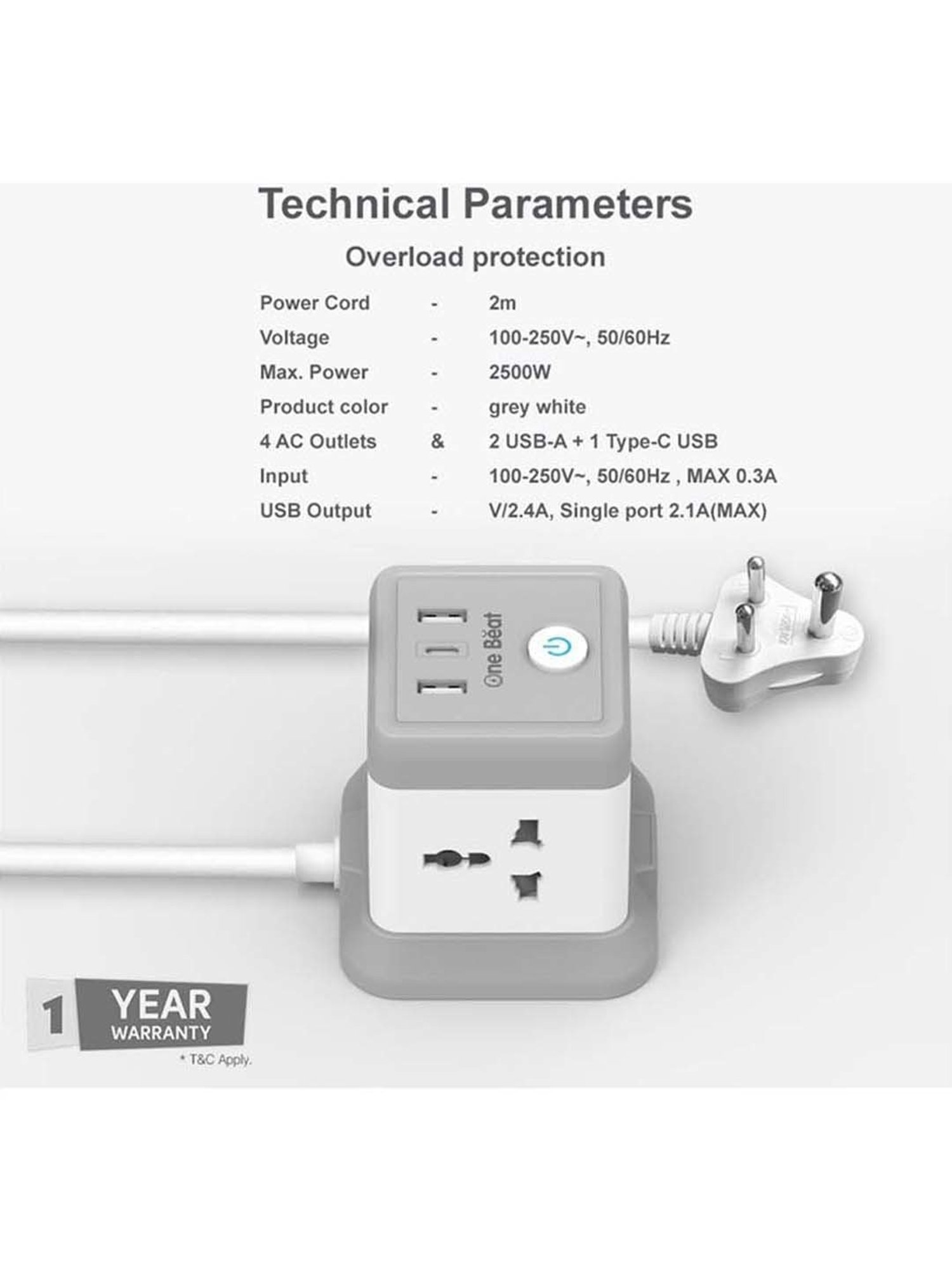 One Beat Cube 4 Socket Extension Boards with USB Port (White, 2 m)