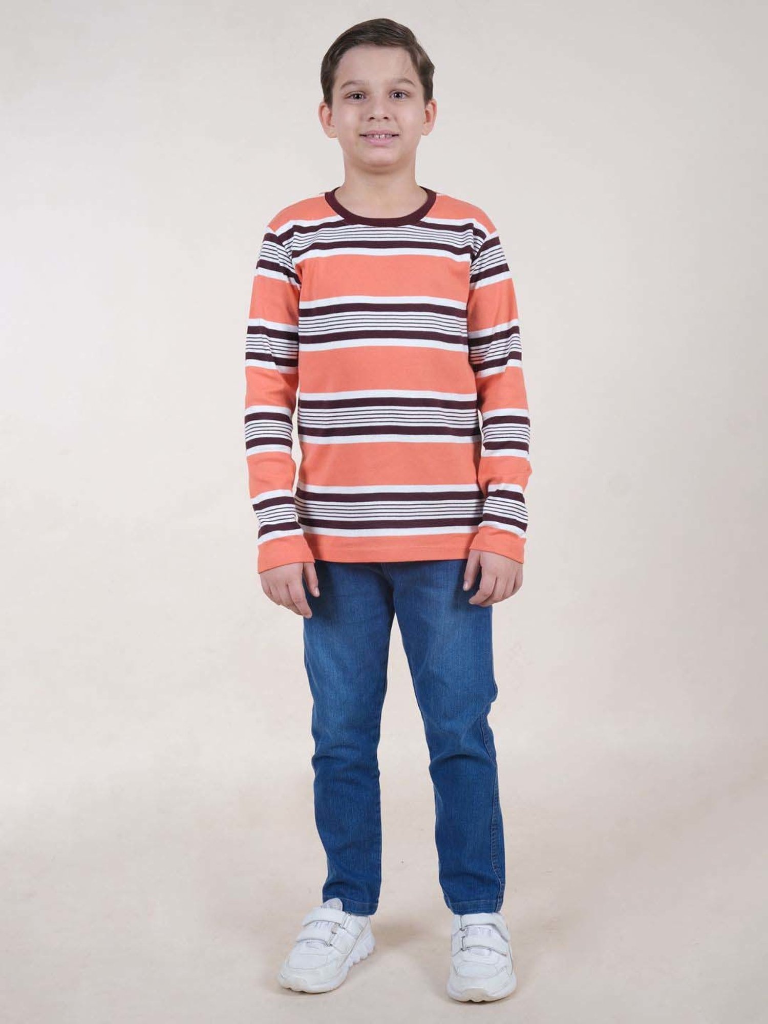 Kiddopanti Boys Orange & Black Cotton Striped Full Sleeves T-Shirts
