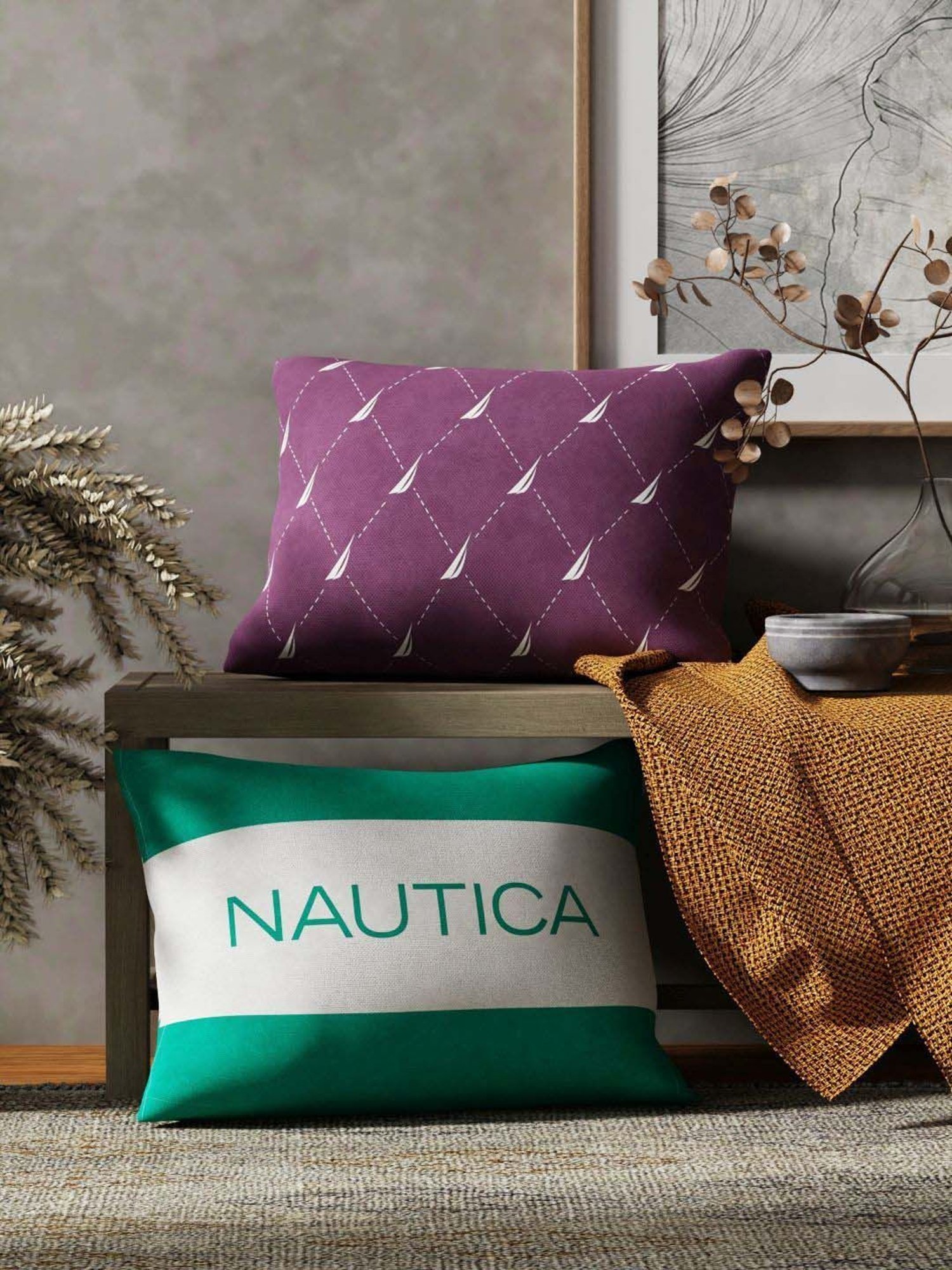 Nautica Logo Stripe Grape & Mint Microfibre 300 GSM Premium Cushion Covers - Set of 2