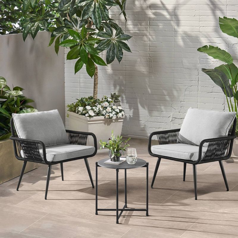 Andover 3pc Outdoor Conversation Set with Two Rope Chairs & Cocktail Table - Charcoal - Alaterre Furniture