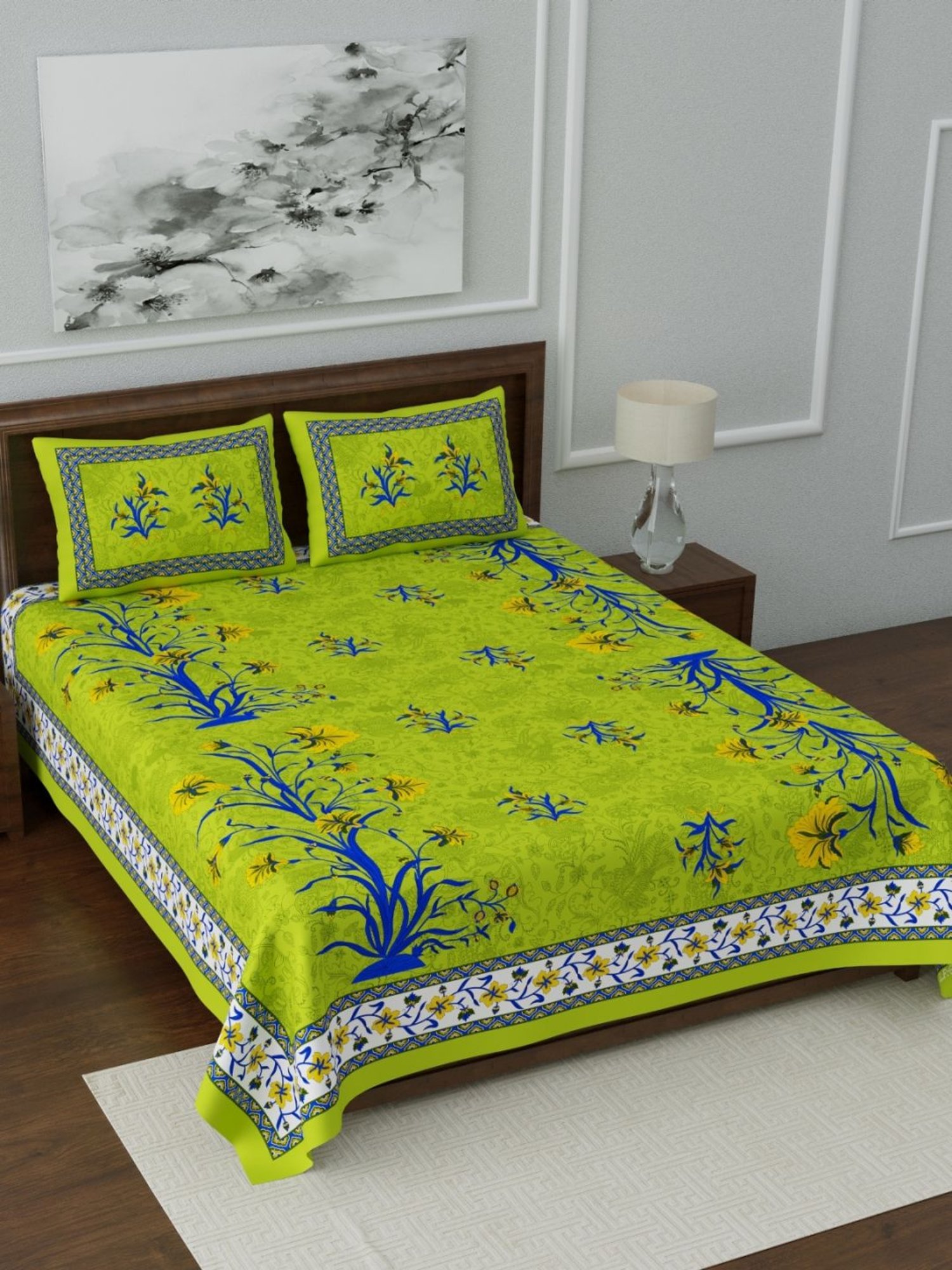 Living Roots Multicolor Jaipuri Printed Cotton Bed Sheet with 2 Pillow Cover