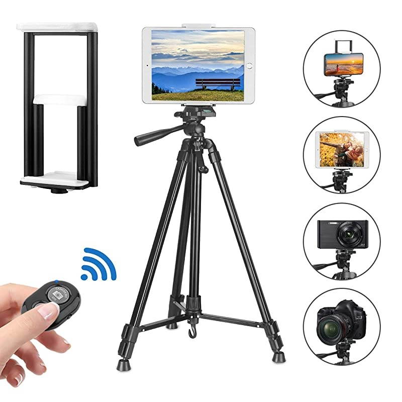 Compatible for iPad iPhone Tripod 62 inch Lightweight Aluminum Phone Camera Tablet Video Tripod + Wireless Remote + 2 in 1 Mount Holder for Smartphone Width 233quotTablet Width 4372quot