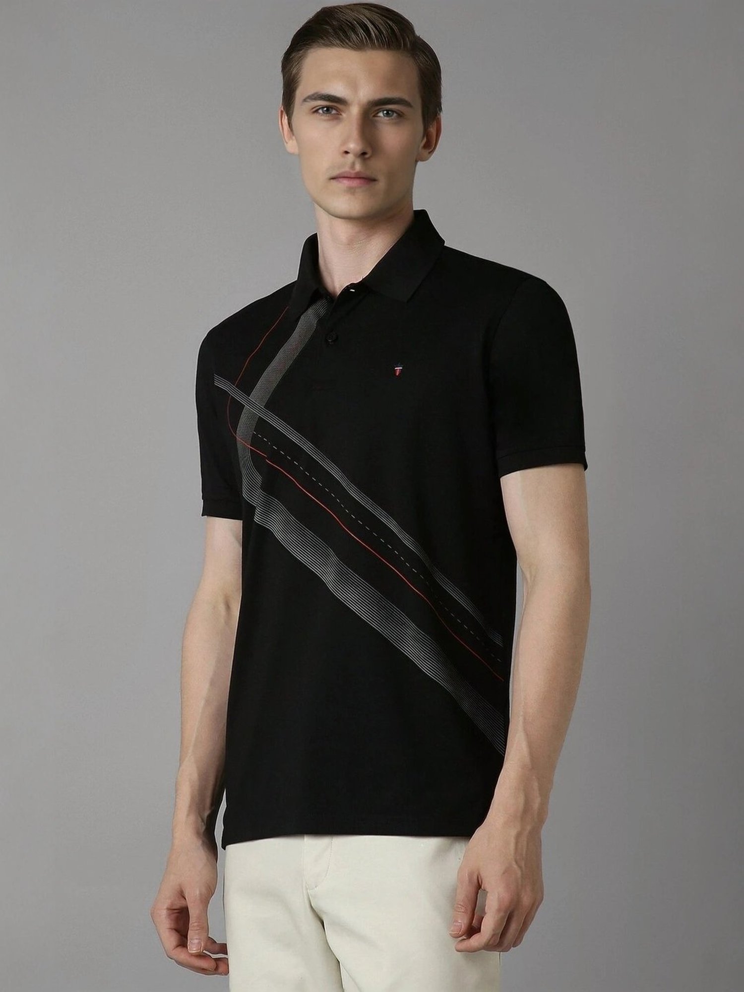 Louis Philippe Black Cotton Slim Fit Printed Polo T-Shirt