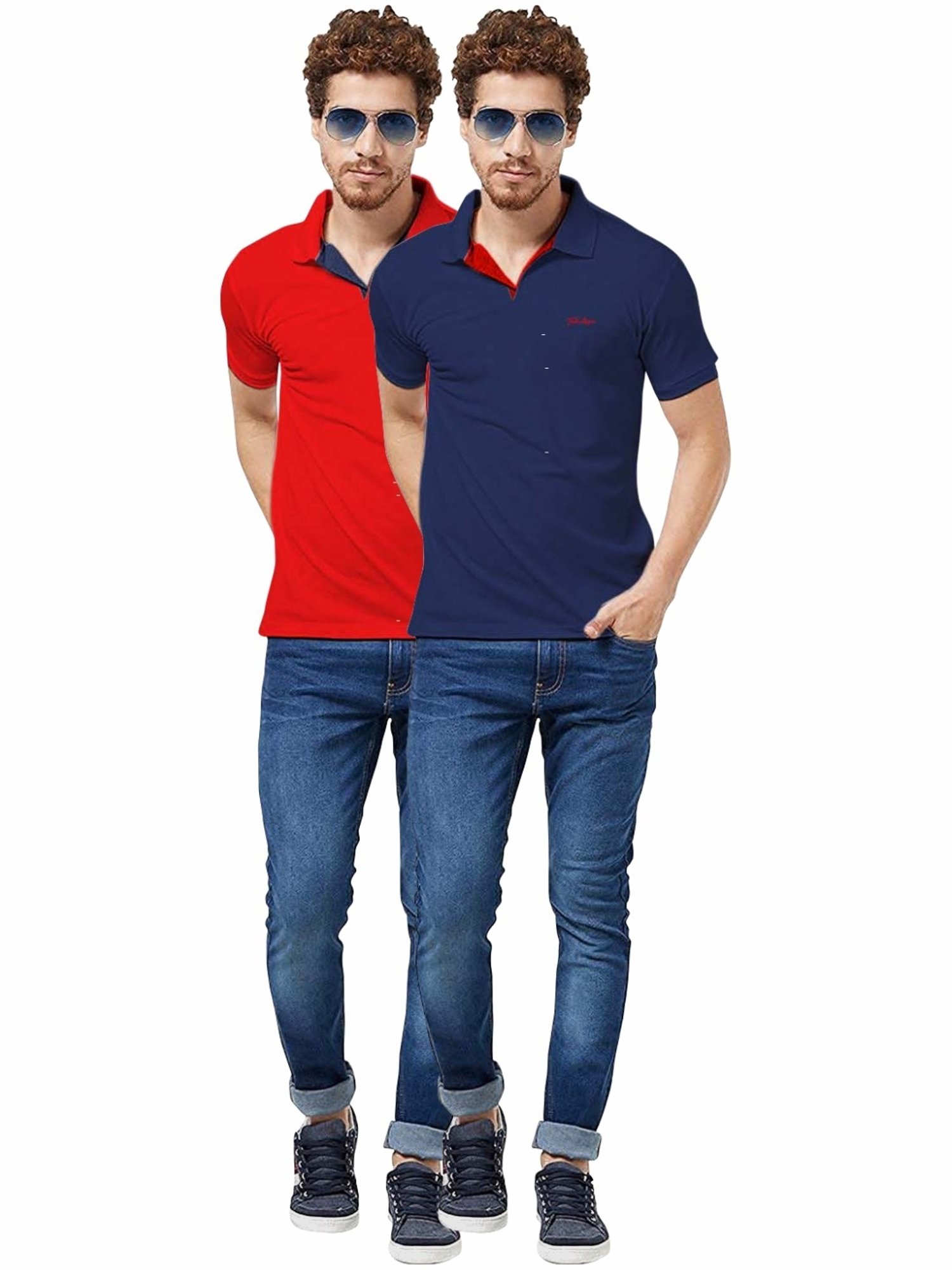 Tab91 Red & Navy Regular Fit Printed Polo T-Shirts