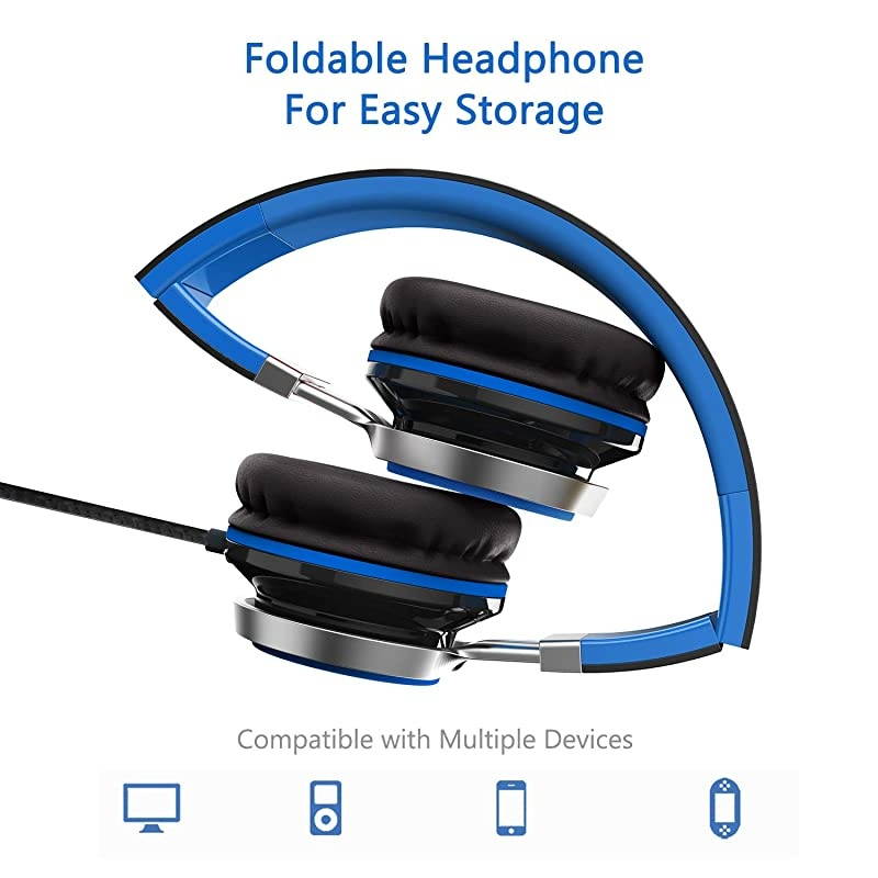 i39 Headphones with Microphone Foldable Lightweight Adjustable On Ear Headsets with 3.5mm Jack for Cellphones Computer MP3/4 Kindle School Blue/Black