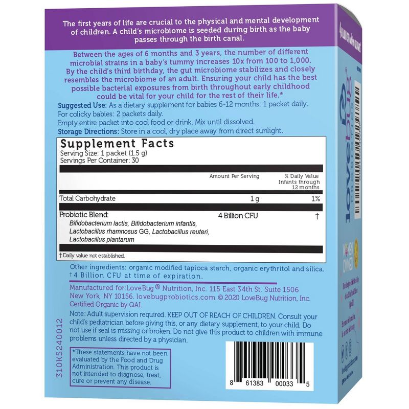 LoveBug Probiotics Tiny Tummies 30pk Infant & Baby Probiotic Supplements for 6-12 Months