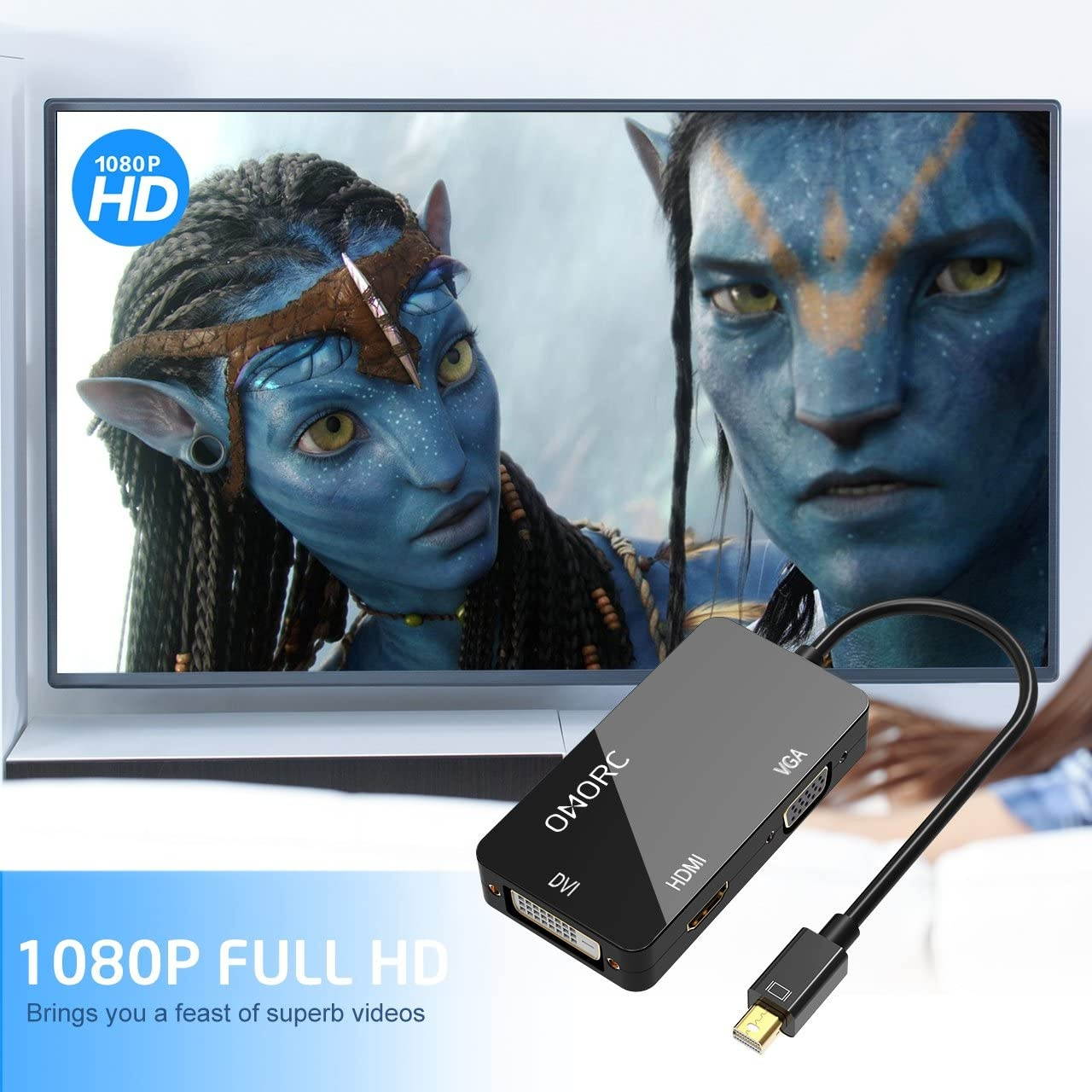 OMorc 3-in-1 Mini DisplayPort to DVI VGA HDMI TV Adapter Thunderbolt Cable Gold Plated for Apple MacBook Pro/Air iMac Mac Mini Surface Pro Lenovo Black