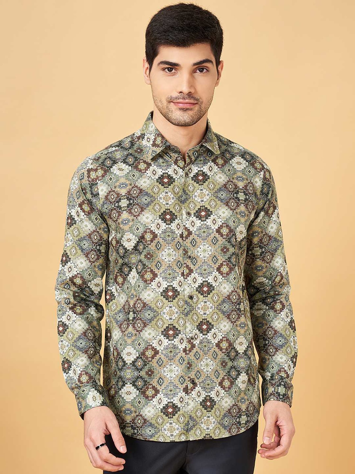 Peregrine By Pantaloons Olive Slim Fit Printed Shirt