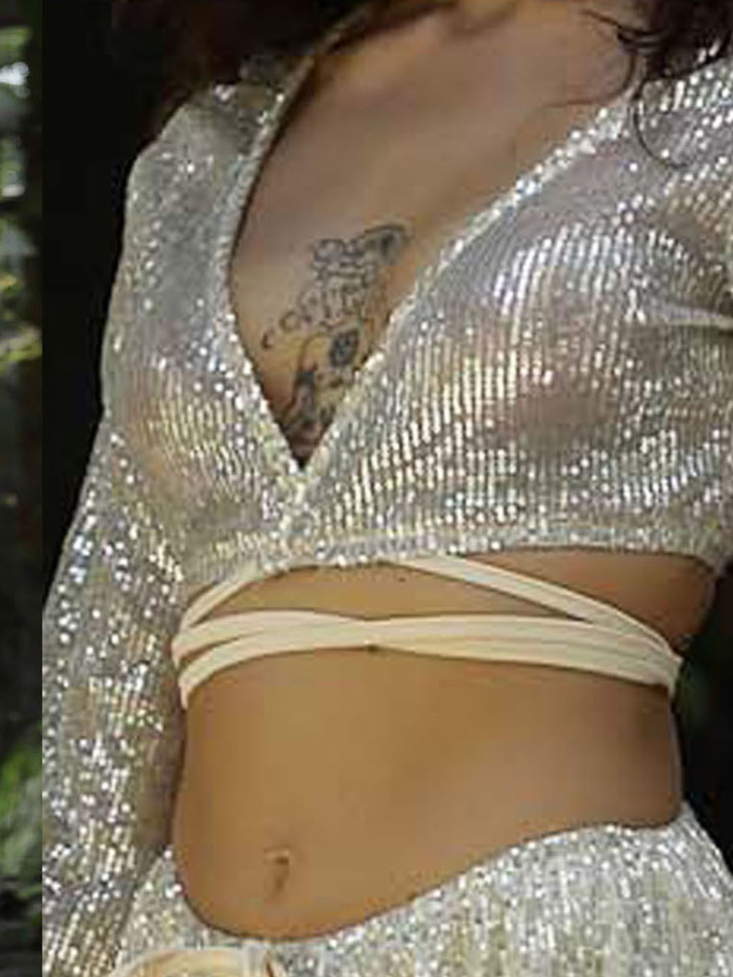 PRIZO Silver Embellished Crop Top With Shorts