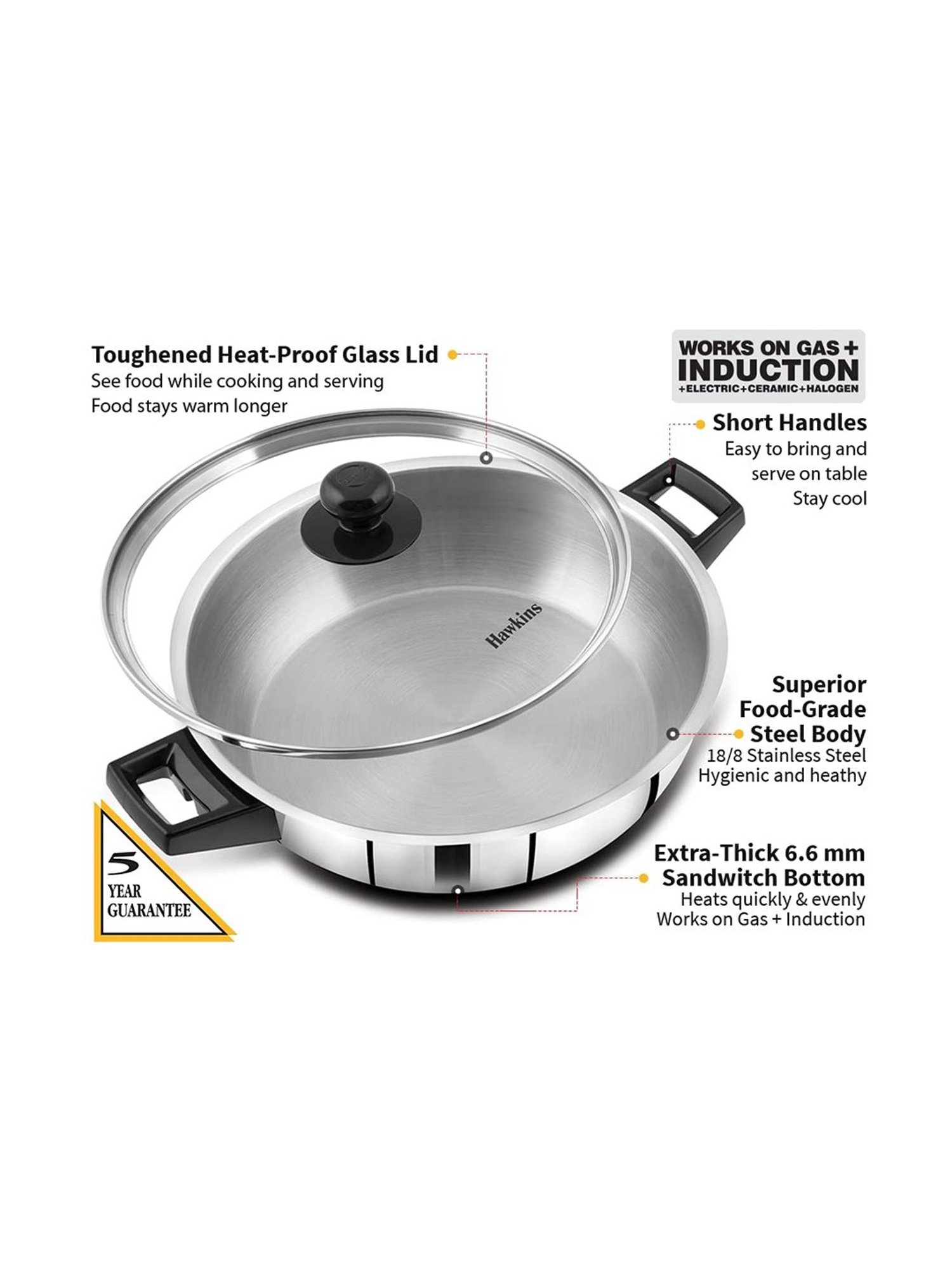 Hawkins Silver Stainless Steel Frying Pan with Glass Lid - 3 Litre