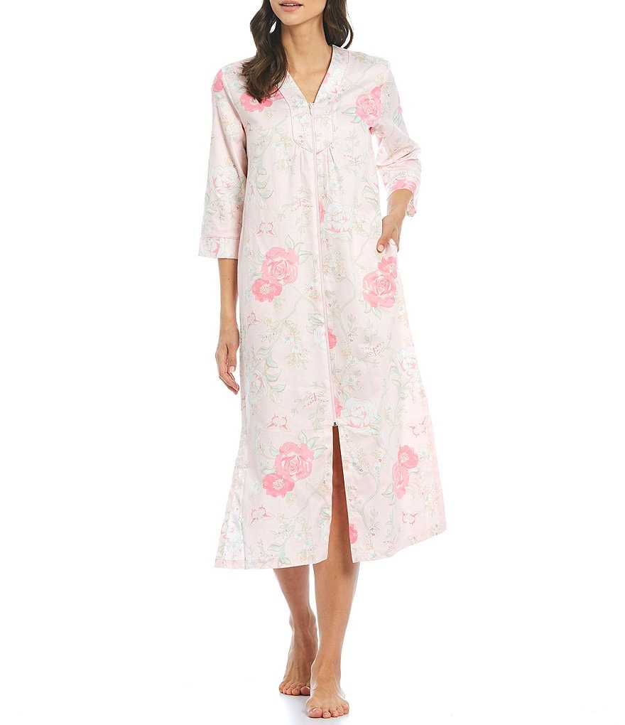 Miss Elaine Petite Size Floral Print Sateen Zip-Front Long Robe