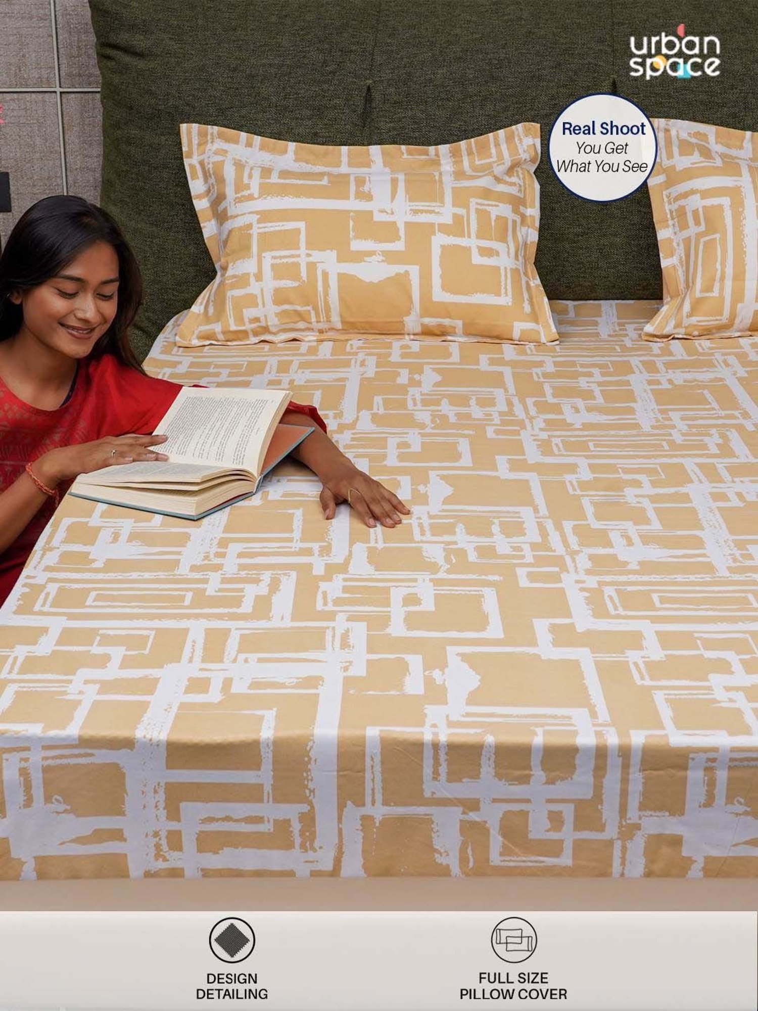 Urban Space Serene Brown Cotton 200 TC Queen Size Bedsheet With Pillow Covers