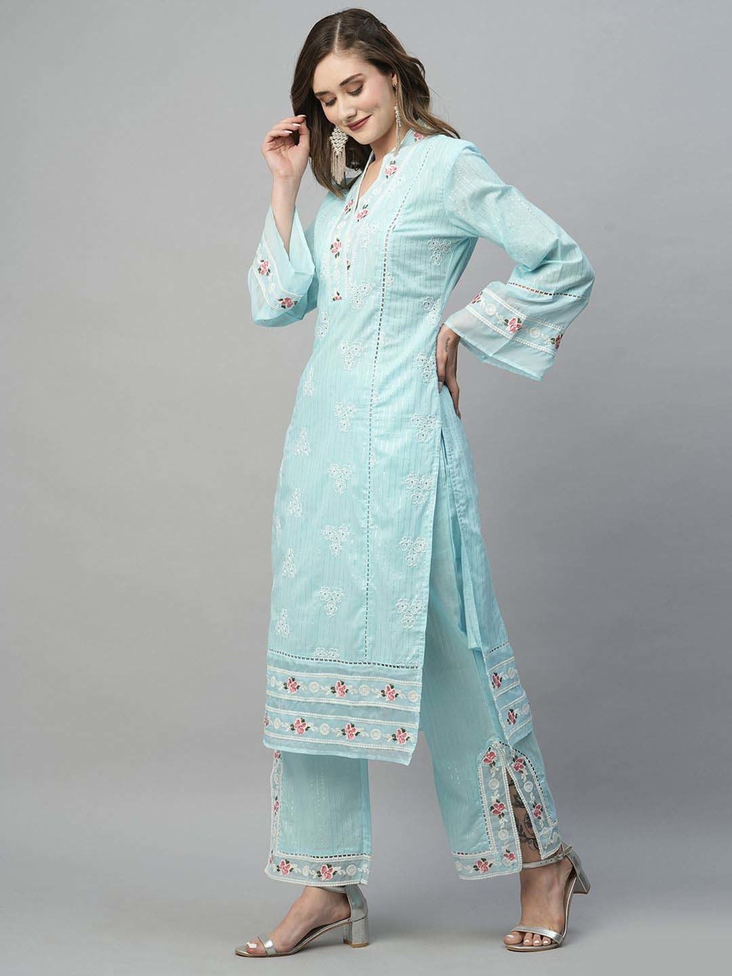 Heeposh Blue Cotton Embroidered Kurta Palazzo Set With Dupatta