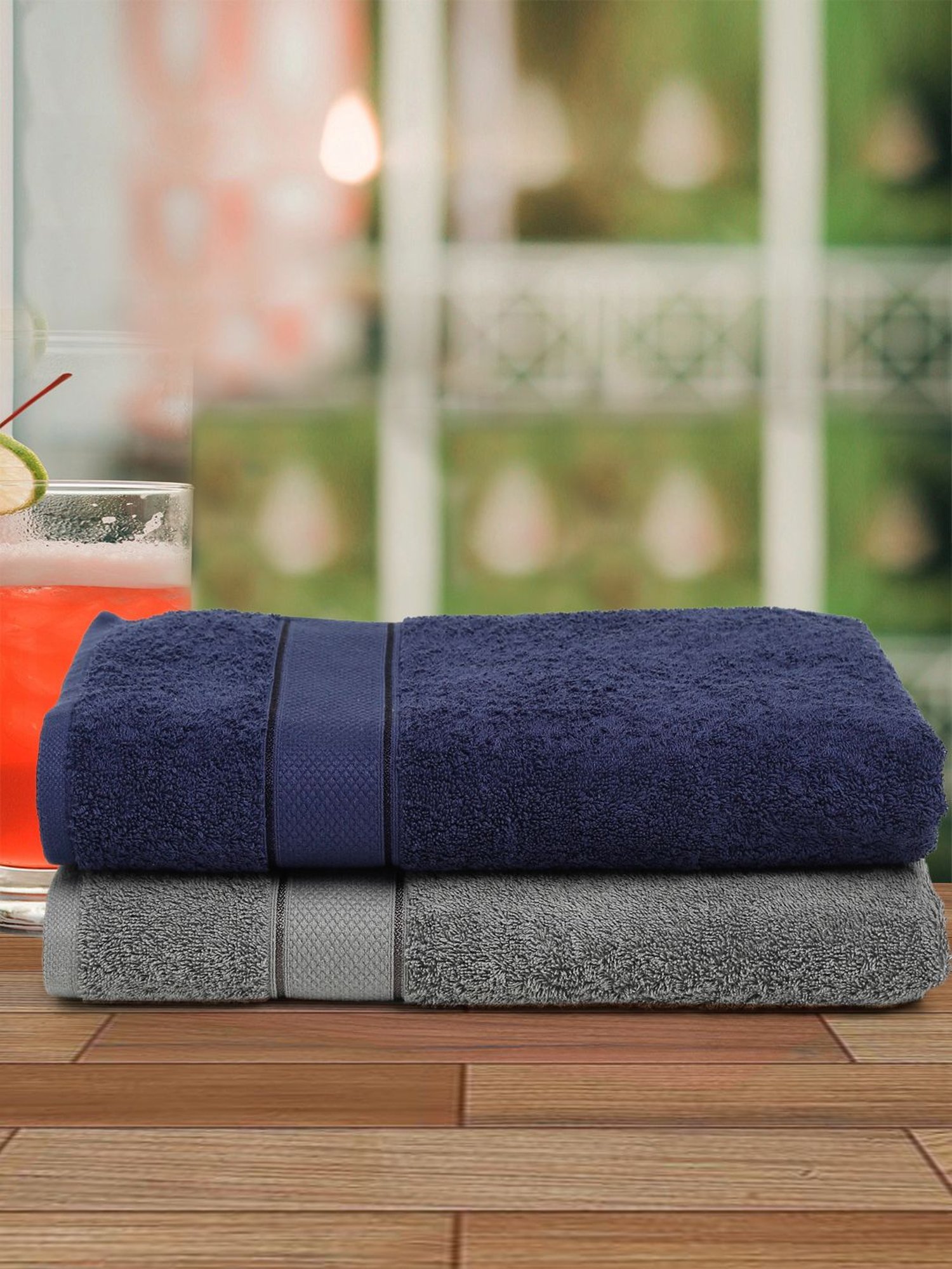 Creeva Grey & Navy 525 GSM Cotton Bath Towel Set of 2