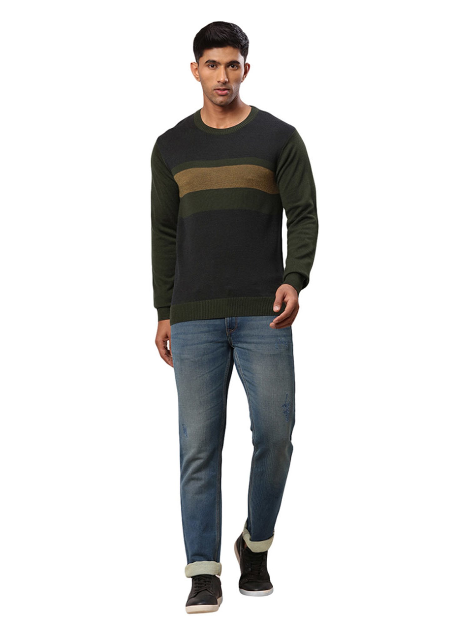 Raymond Green & Blue Regular Fit Colour Block Sweater