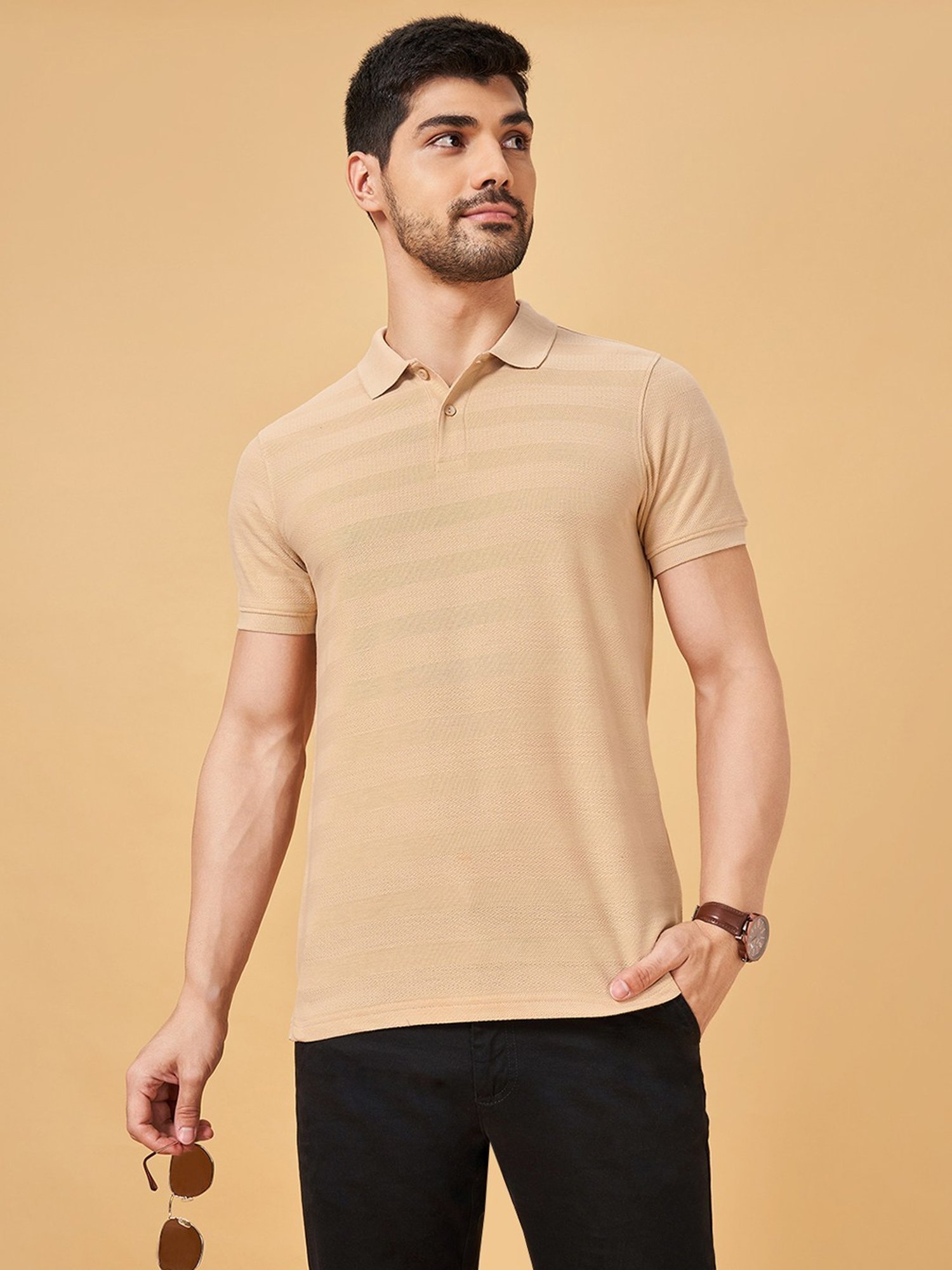 Byford By Pantaloons Peach Slim Fit Self Pattern Polo T-Shirt