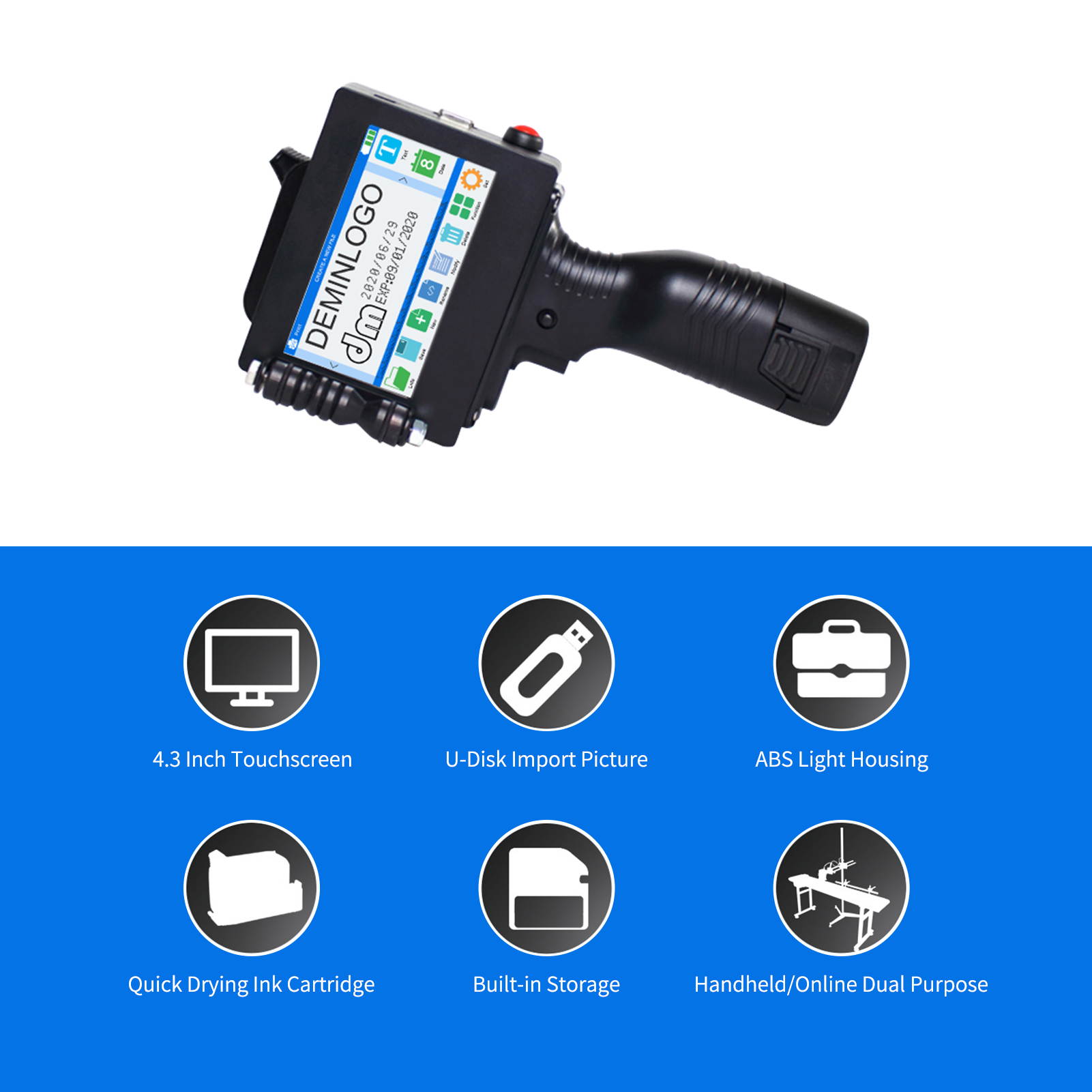 Handheld Printer Portable Inkjet Printer High Definition Inkjet Code Printer with 4.3 Inch LED Touchscreen Quick-Drying Ink Cartridge for Label/Production Date/Barcode/Trademark/Logo/Graphic etc.