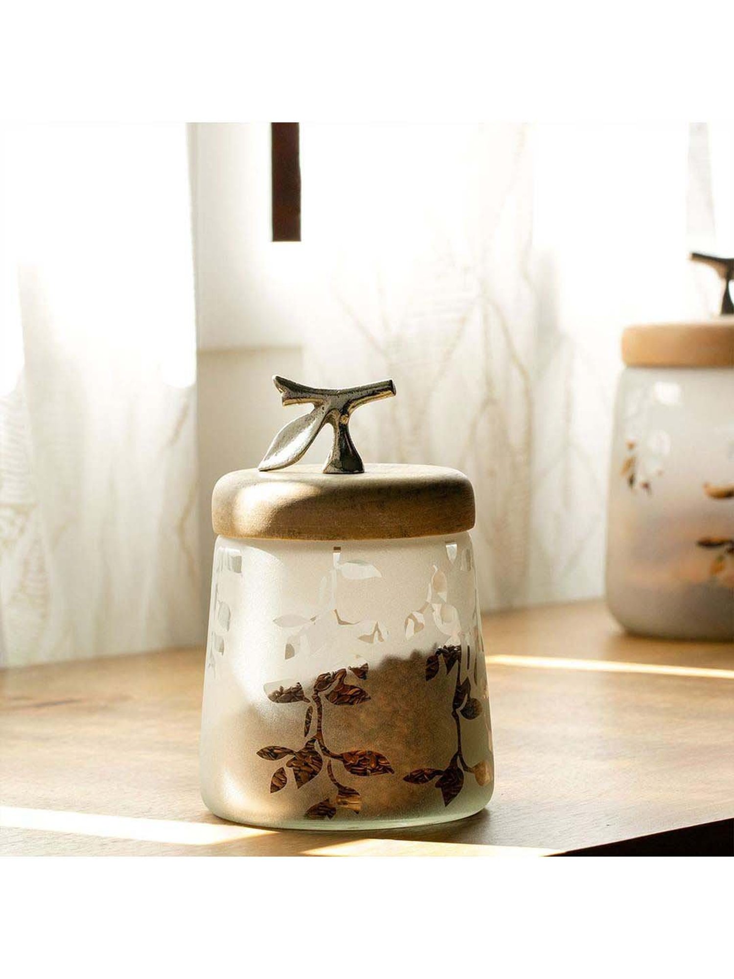 ellementry Twiggy Frosted Transparent Glass Jar with Lid (1000 ml) - Set of 1
