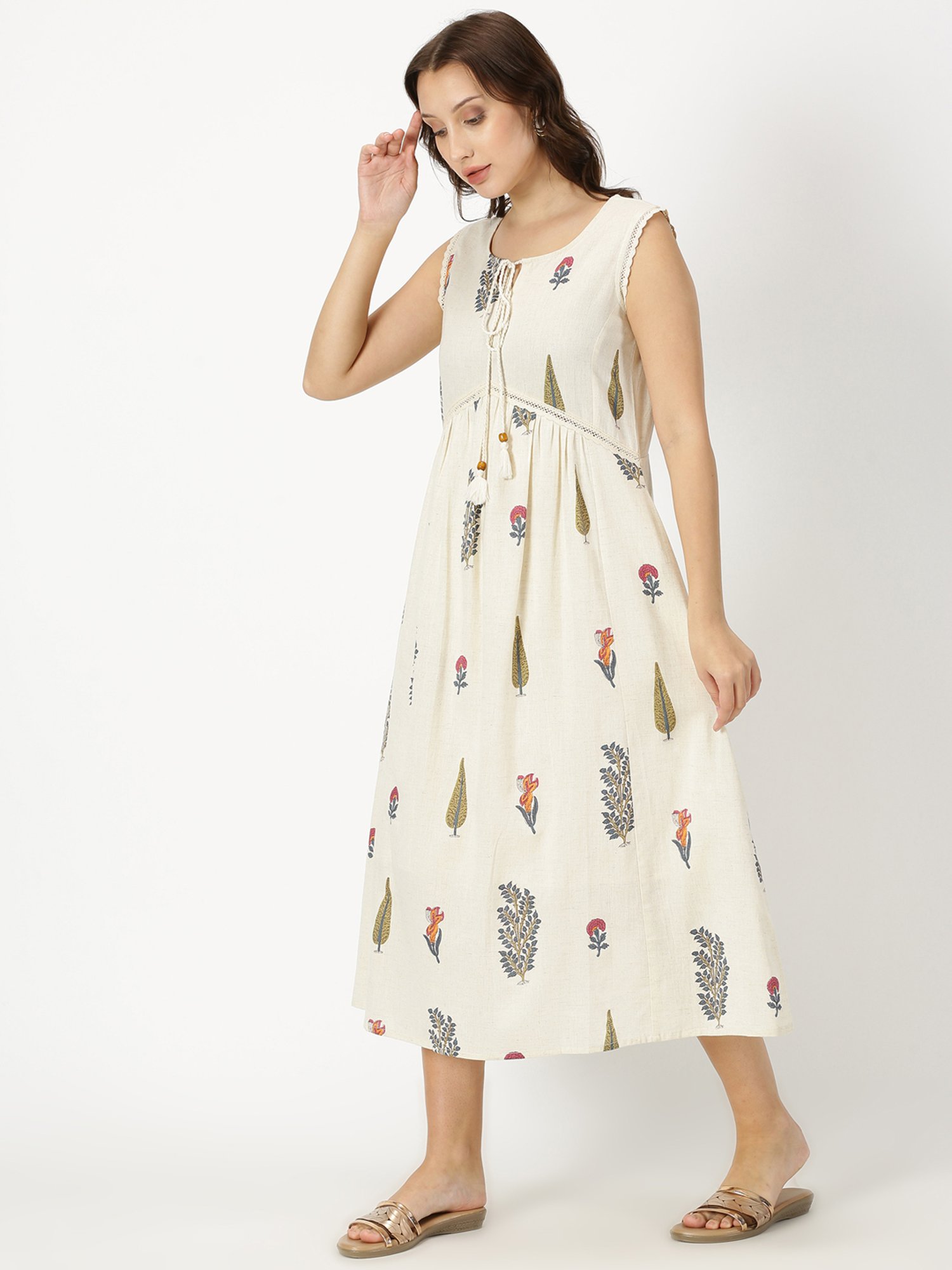 Saffron Threads Off White Cotton Floral Print Ethnic Dress