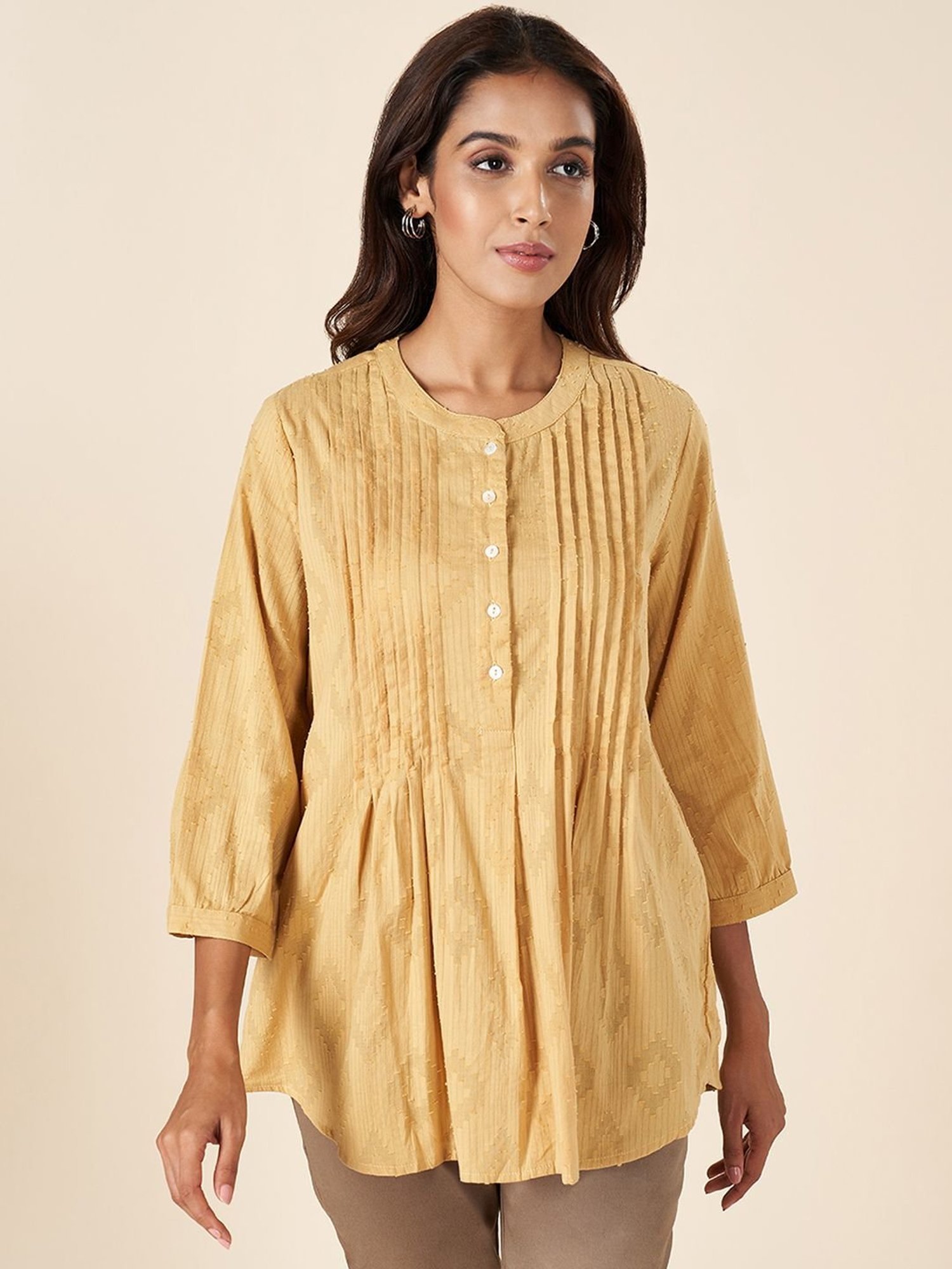 Akkriti by Pantaloons Mustard Cotton Self Pattern Tunic