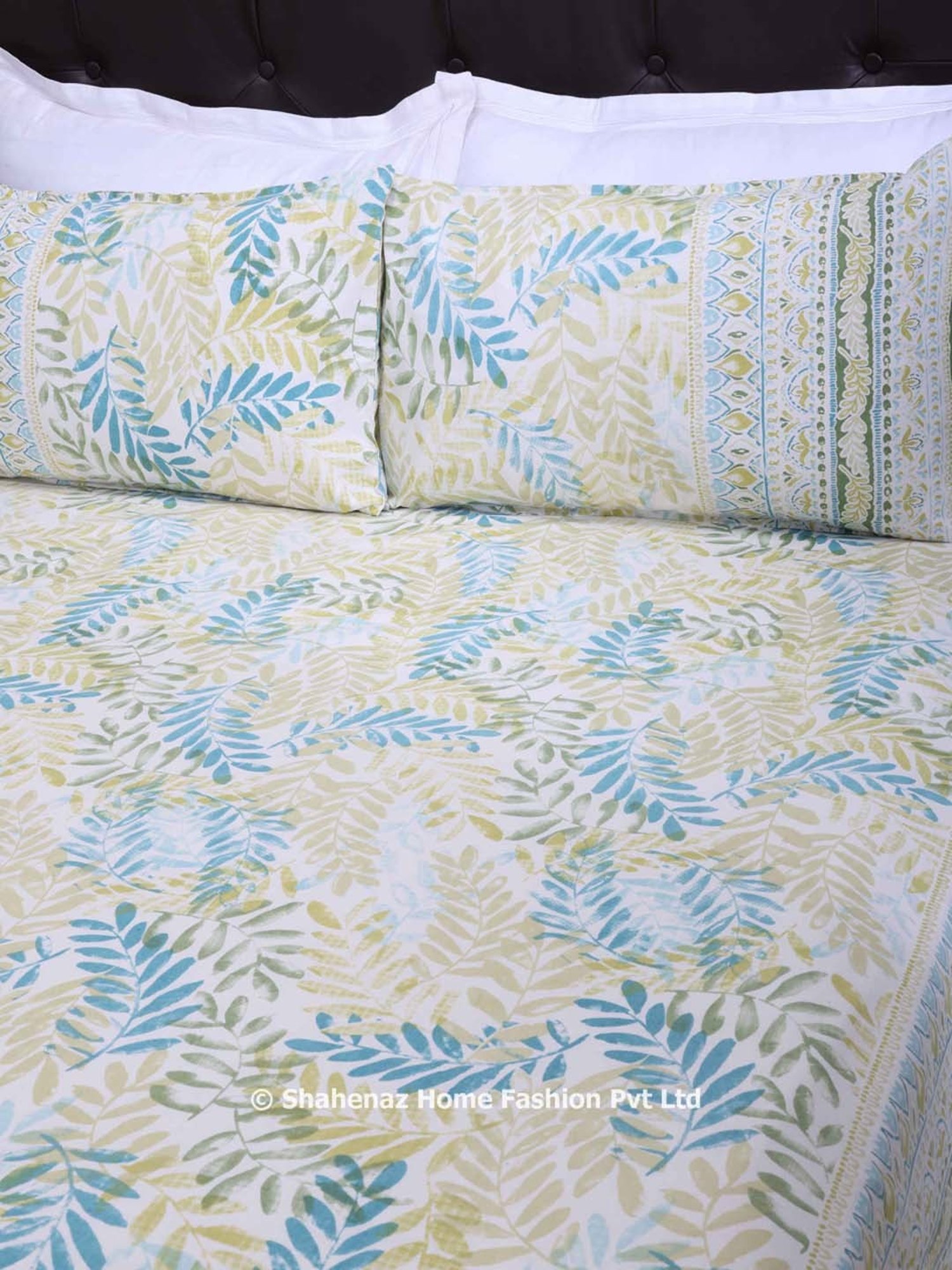 Shahenaz Olive & Blue 120 TC Cotton French Leaves Double Bedsheet with 2 Pillow Covers