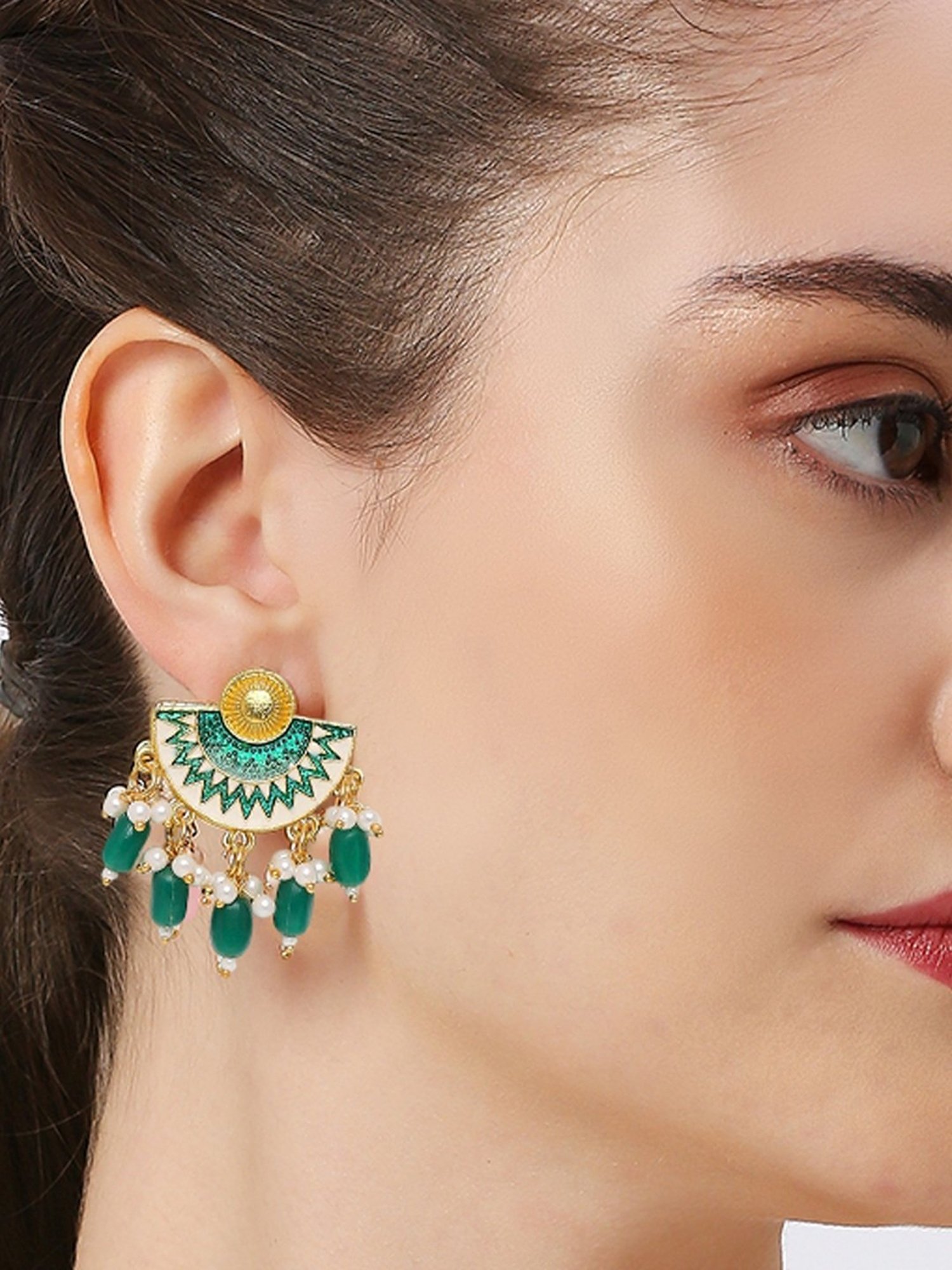 Oomph Jewellery Green Meenakari Egyptian Design Indo Western Chand Bali Earrings
