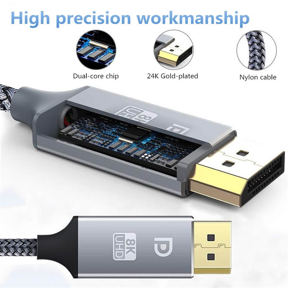 8K DisplayPort Cable Ultra HD DisplayPort 1.4 Male to Male Nylon Braided Cable, 8K@60Hz, 4K@144Hz, 32.4Gbps, HDP, HDCP for PC, Laptop, HDTV